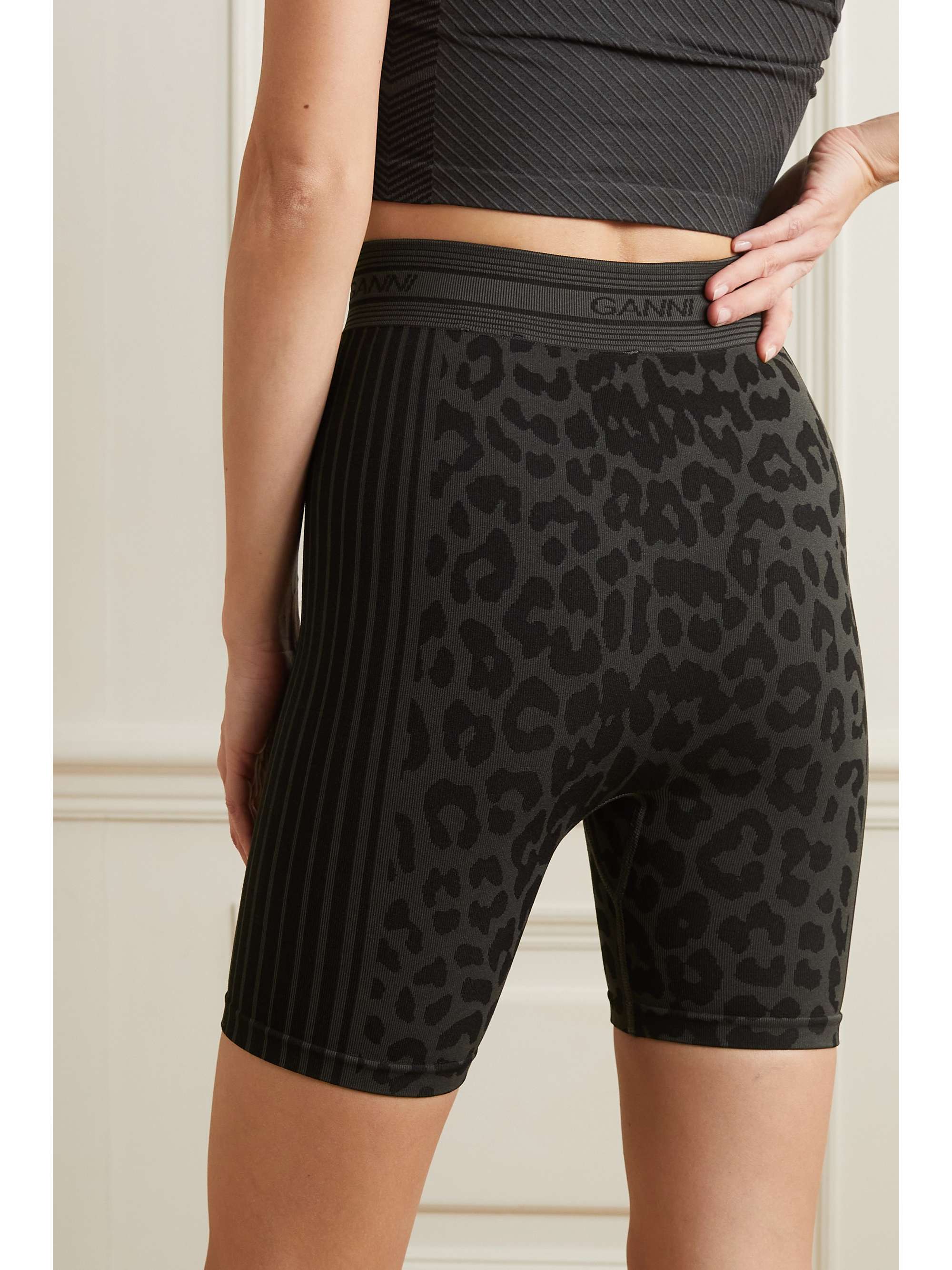 GANNI Leopard-print stretch recycled-jersey shorts