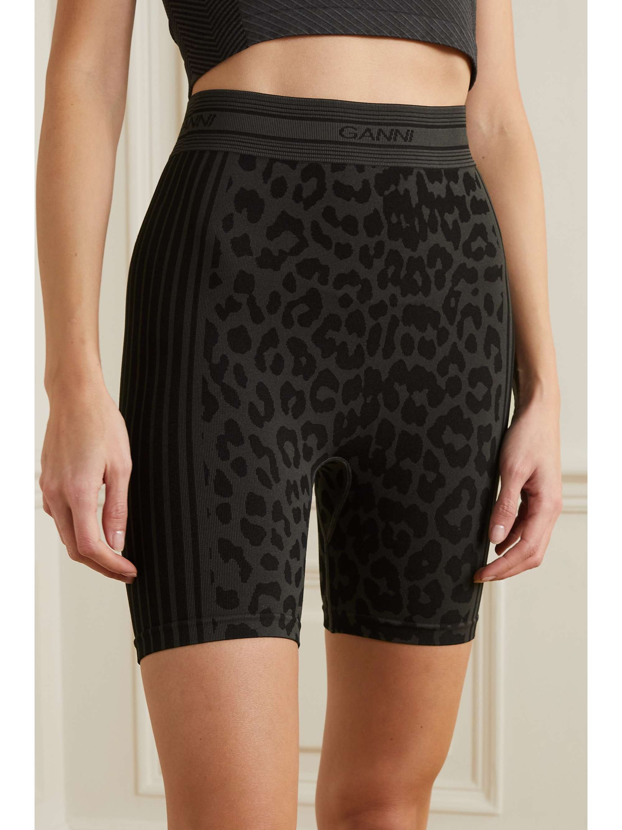 GANNI Leopard-print stretch recycled-jersey shorts
