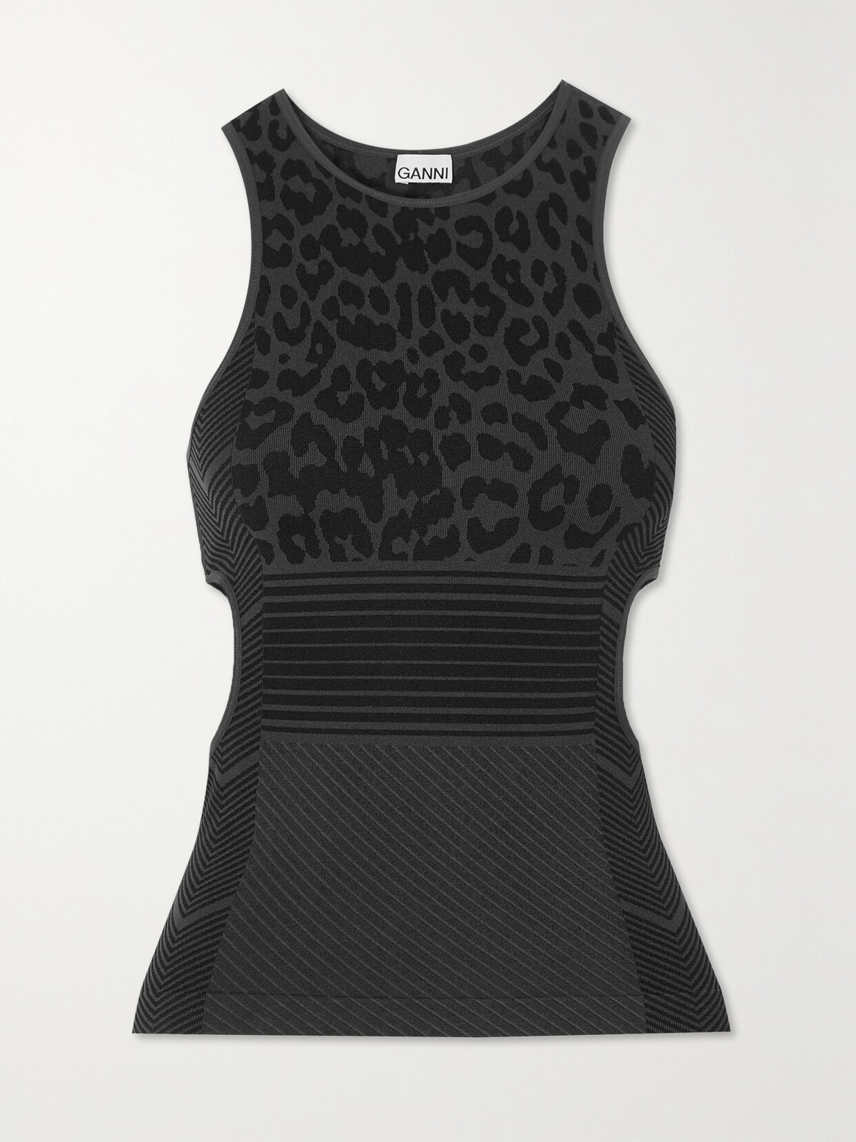 GANNI - Cutout Leopard-jacquard Stretch Recycled Tank - Black