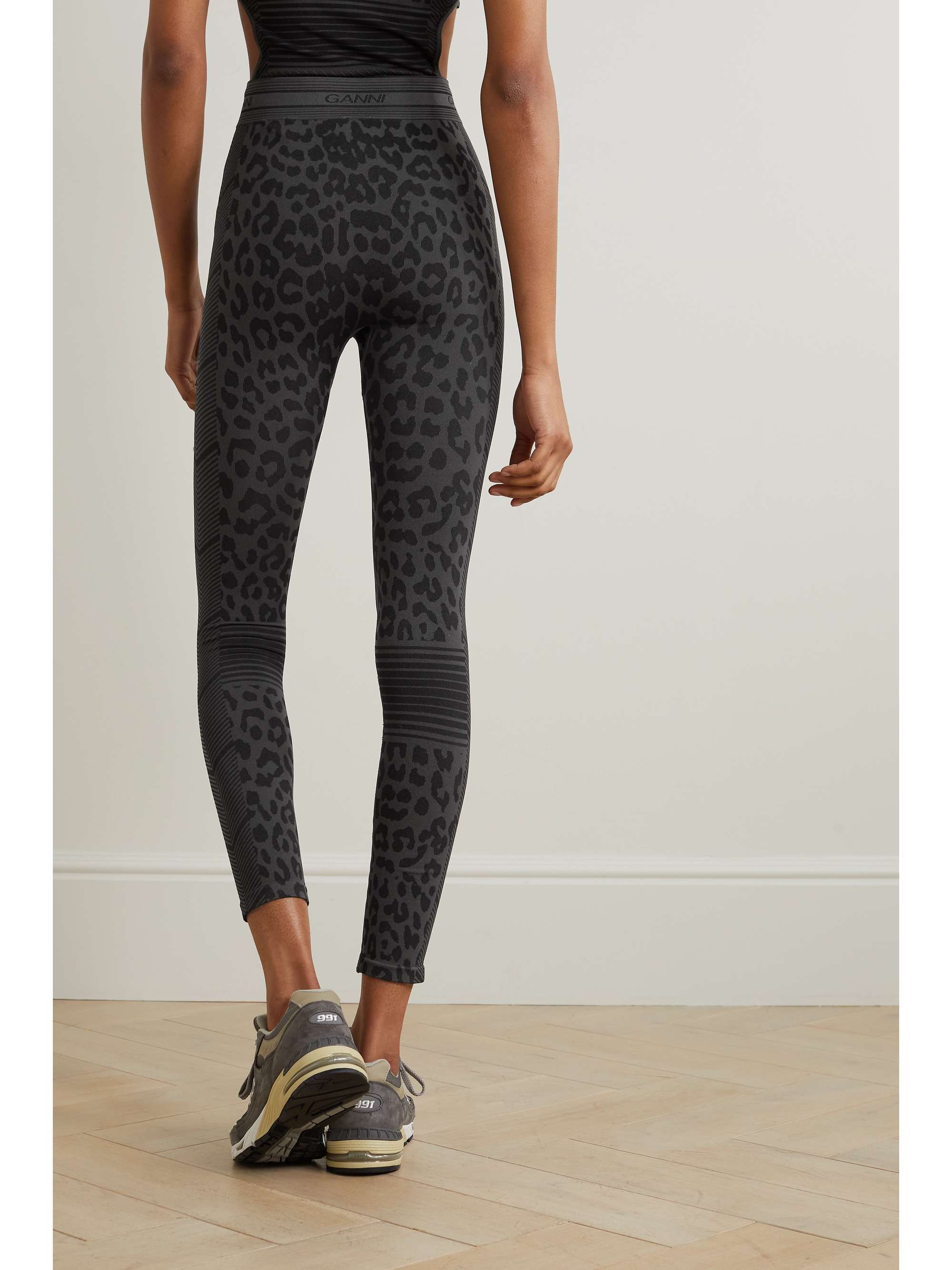 GANNI Leopard-jacquard stretch recycled leggings