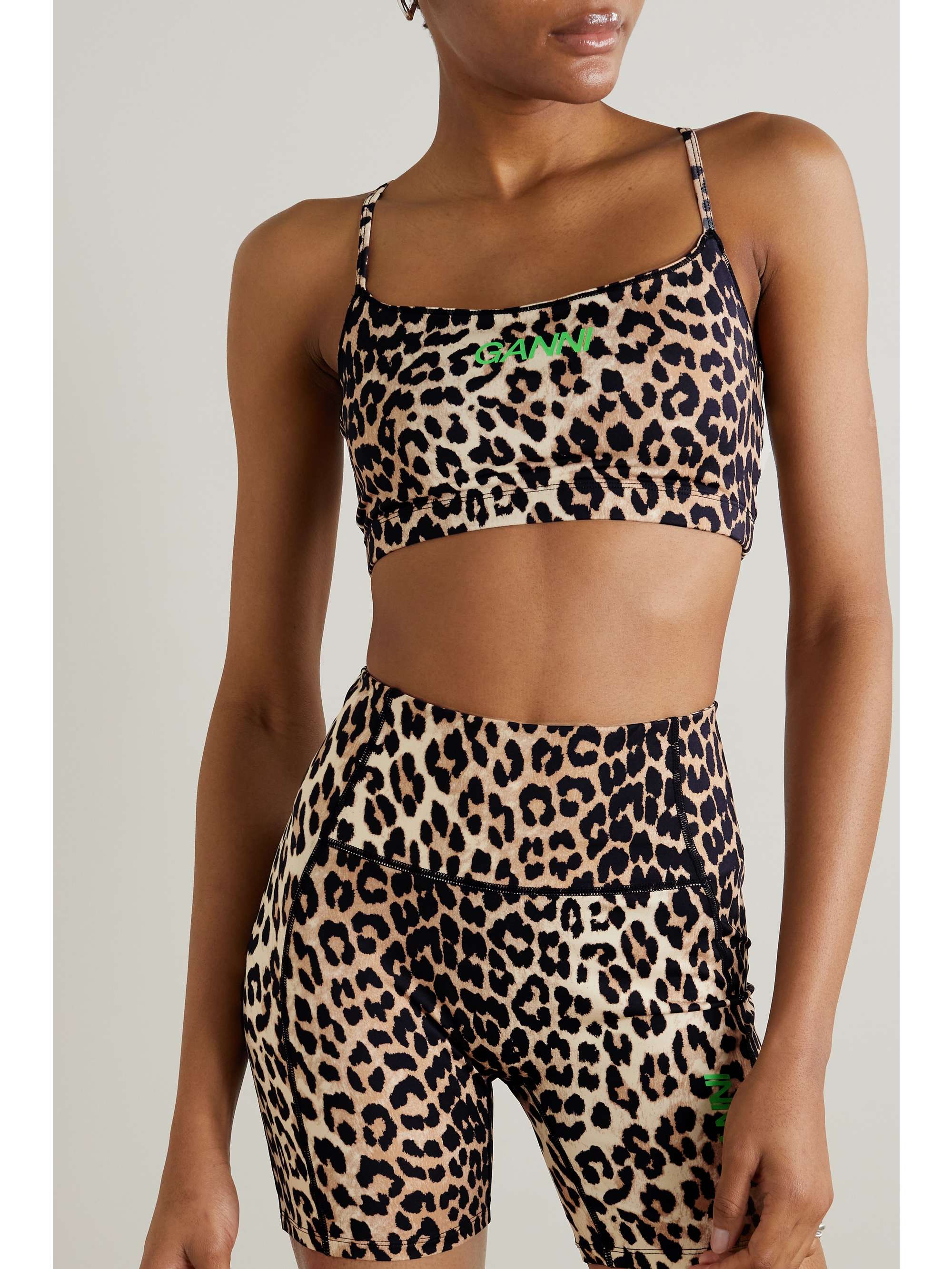 GANNI Leopard-print stretch recycled sports bra