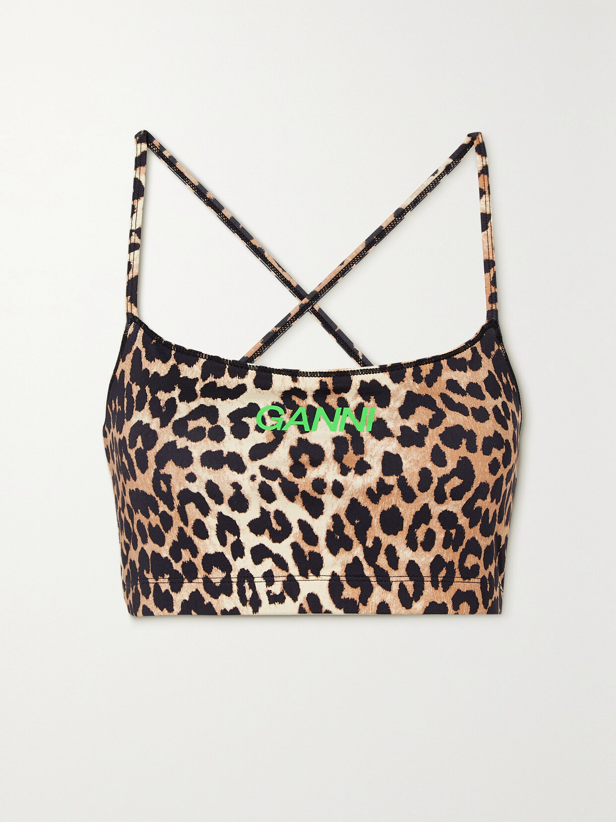 Shop Ganni Leopard-print Stretch Recycled Sports Bra In Brown