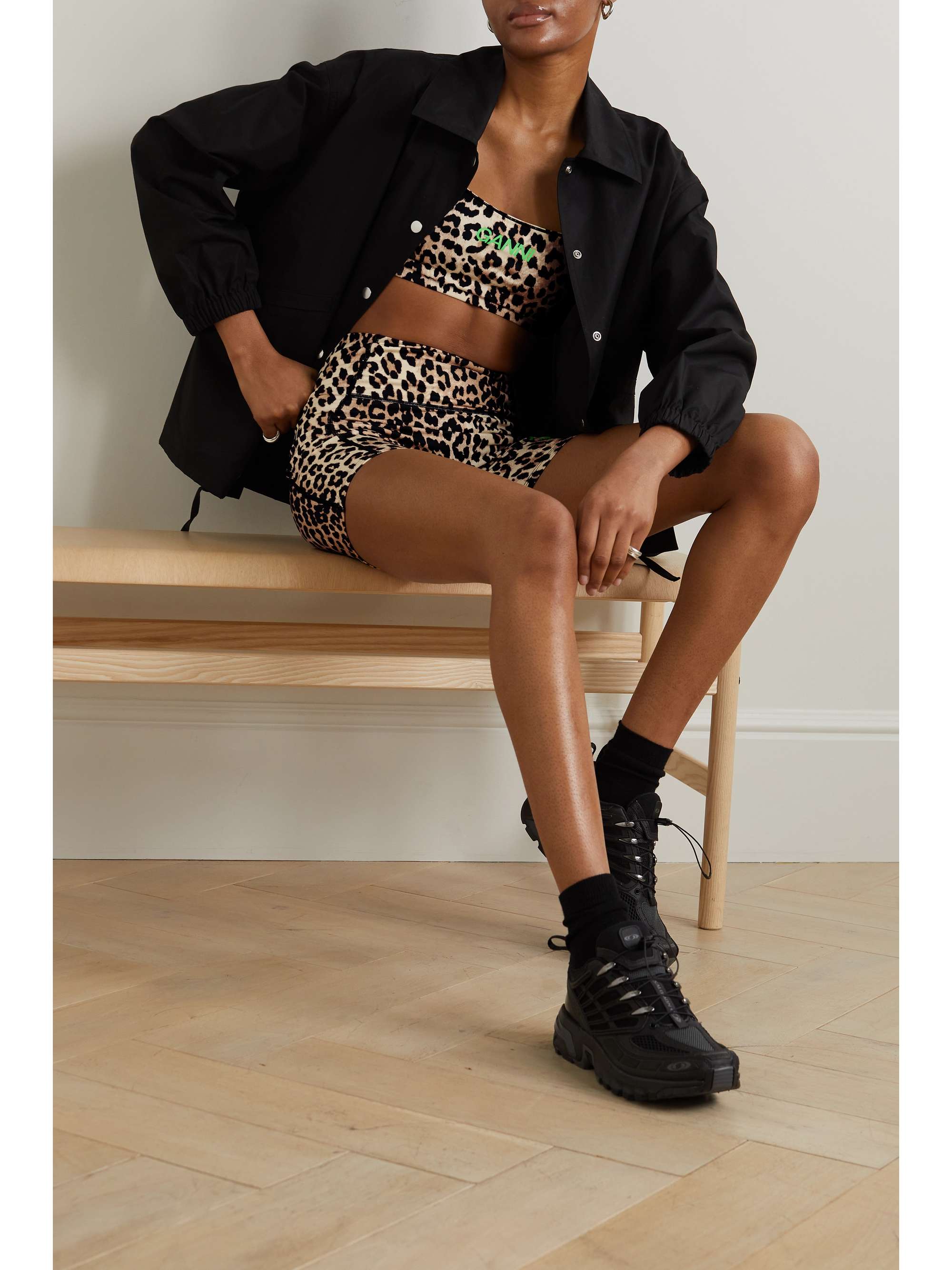 GANNI Leopard-print stretch recycled sports bra