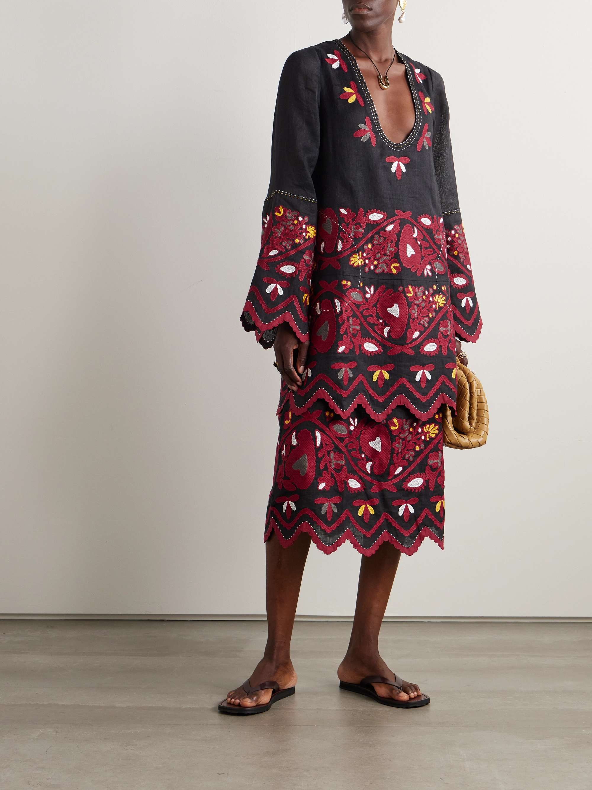 VITA KIN Tiziana embroidered scalloped linen midi dress
