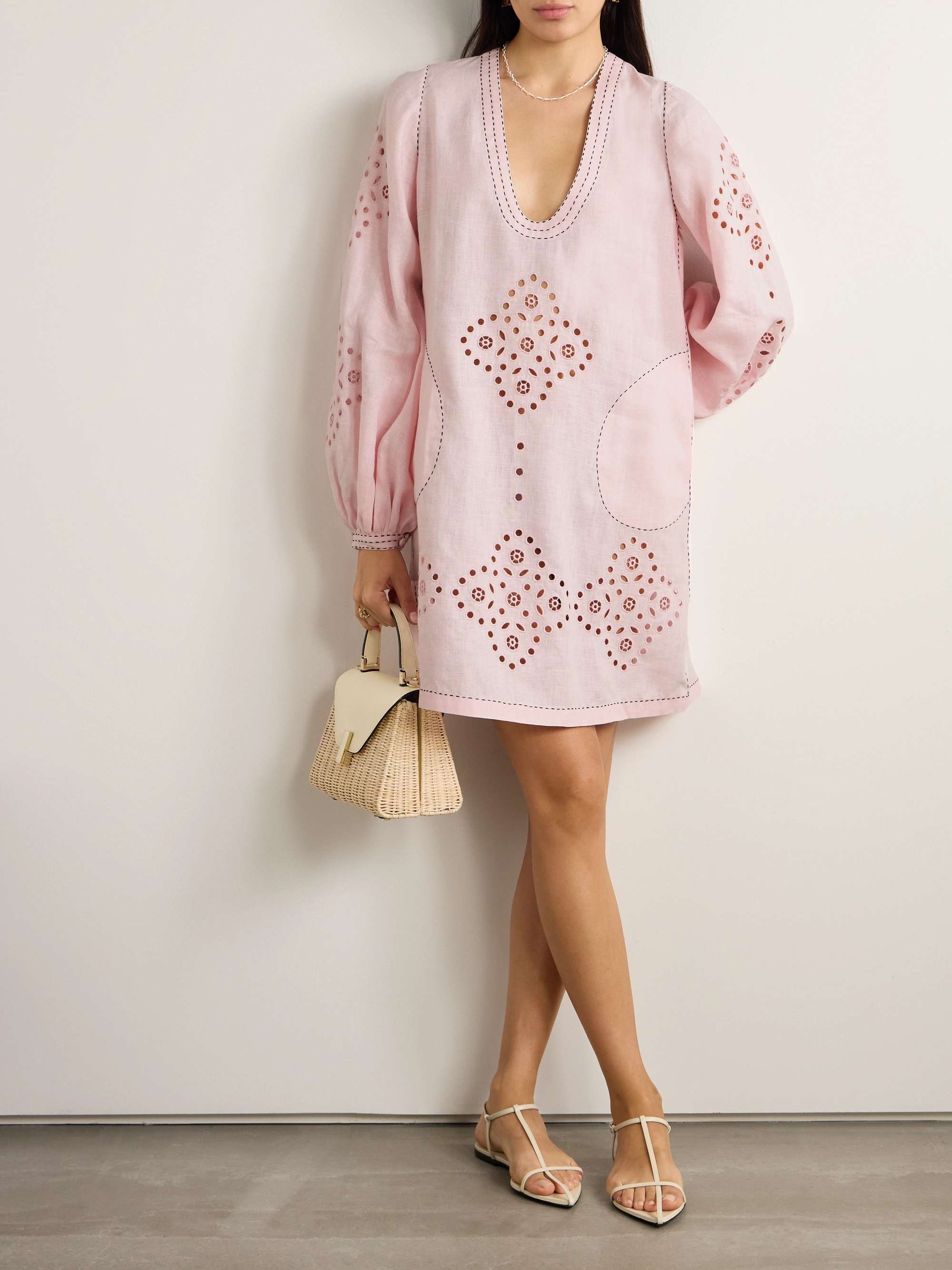 VITA KIN Lauren topstitched broderie anglaise linen mini dress