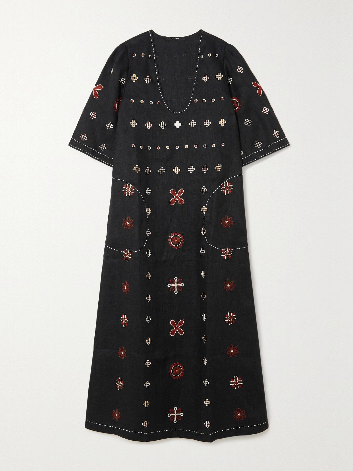 Vita Kin Venezia Embroidered Linen-blend Midi Dress In Black