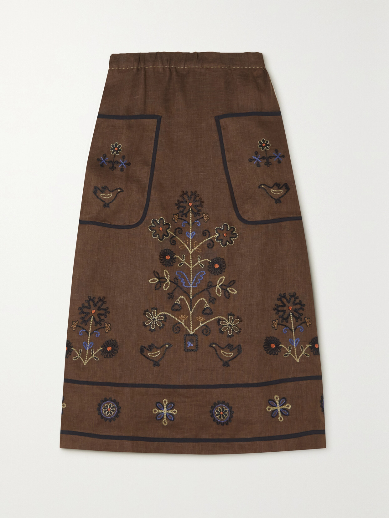 Vita Kin Misha Embroidered Linen Midi Skirt In Brown