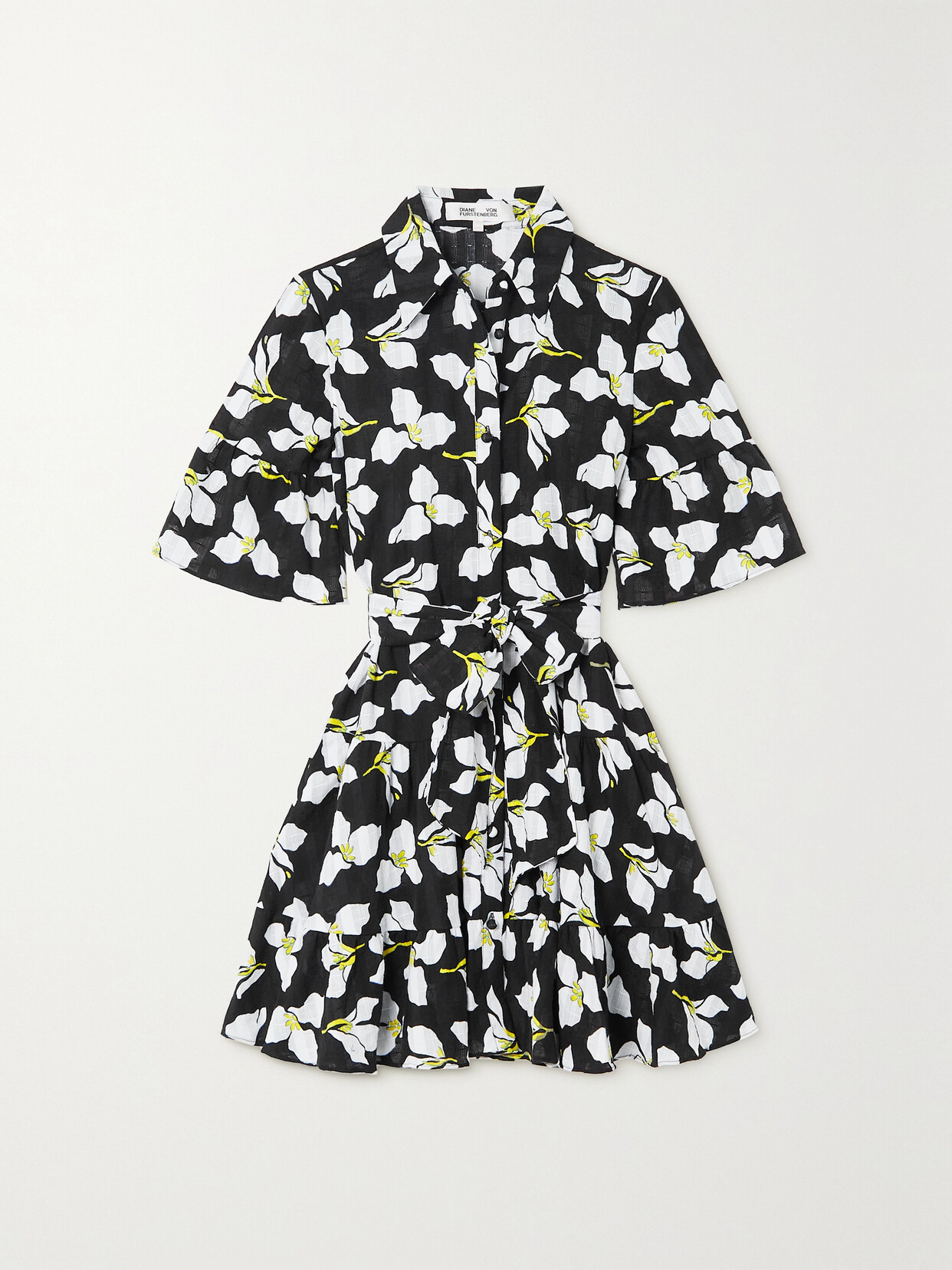 Diane von Furstenberg - Beata Belted Ruffled Floral-print Cotton-gauze Mini Dress - Black