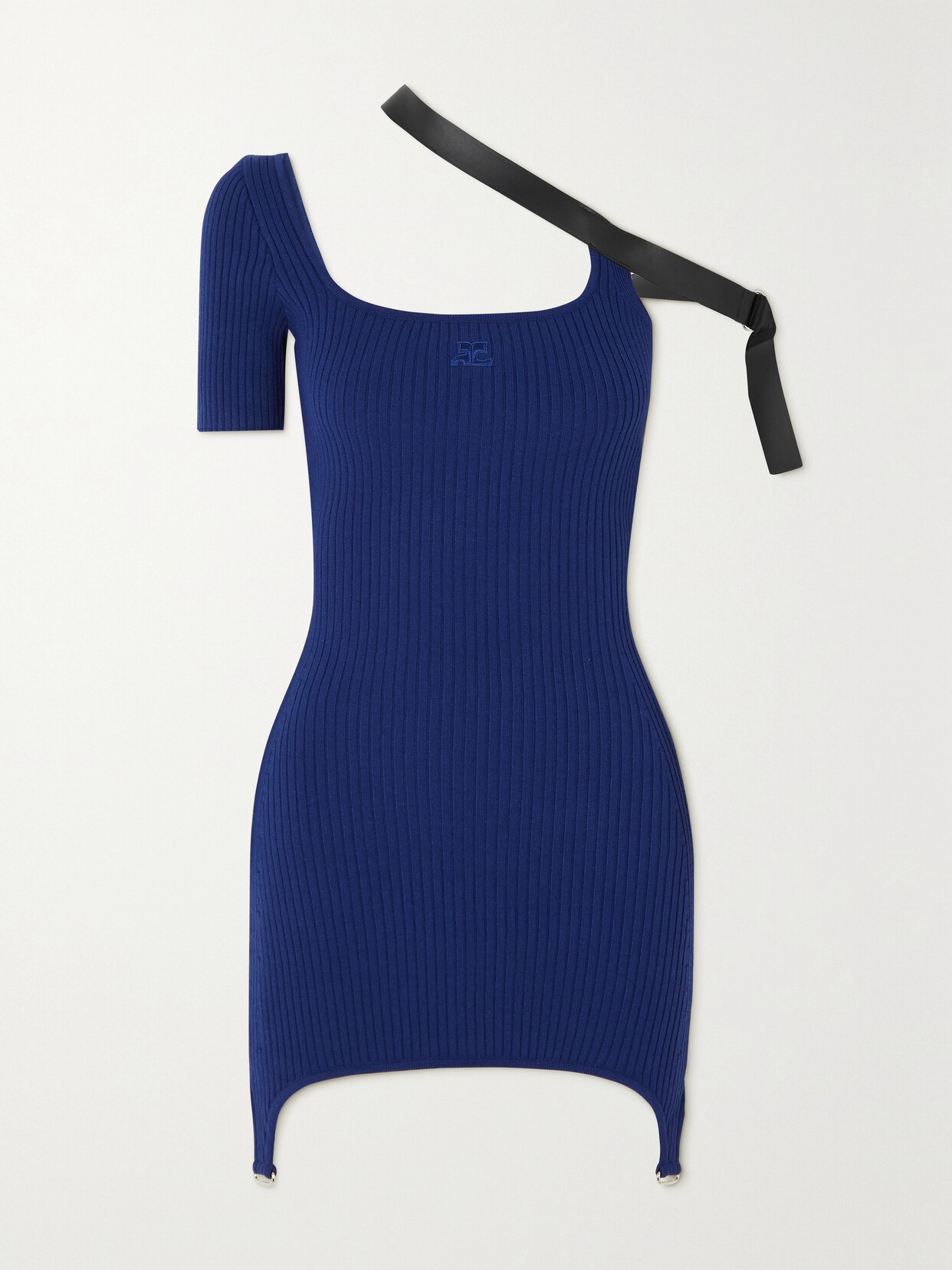 COURREGES - Asymmetric Faux Leather-trimmed Embroidered Ribbed-knit Mini Dress - Blue