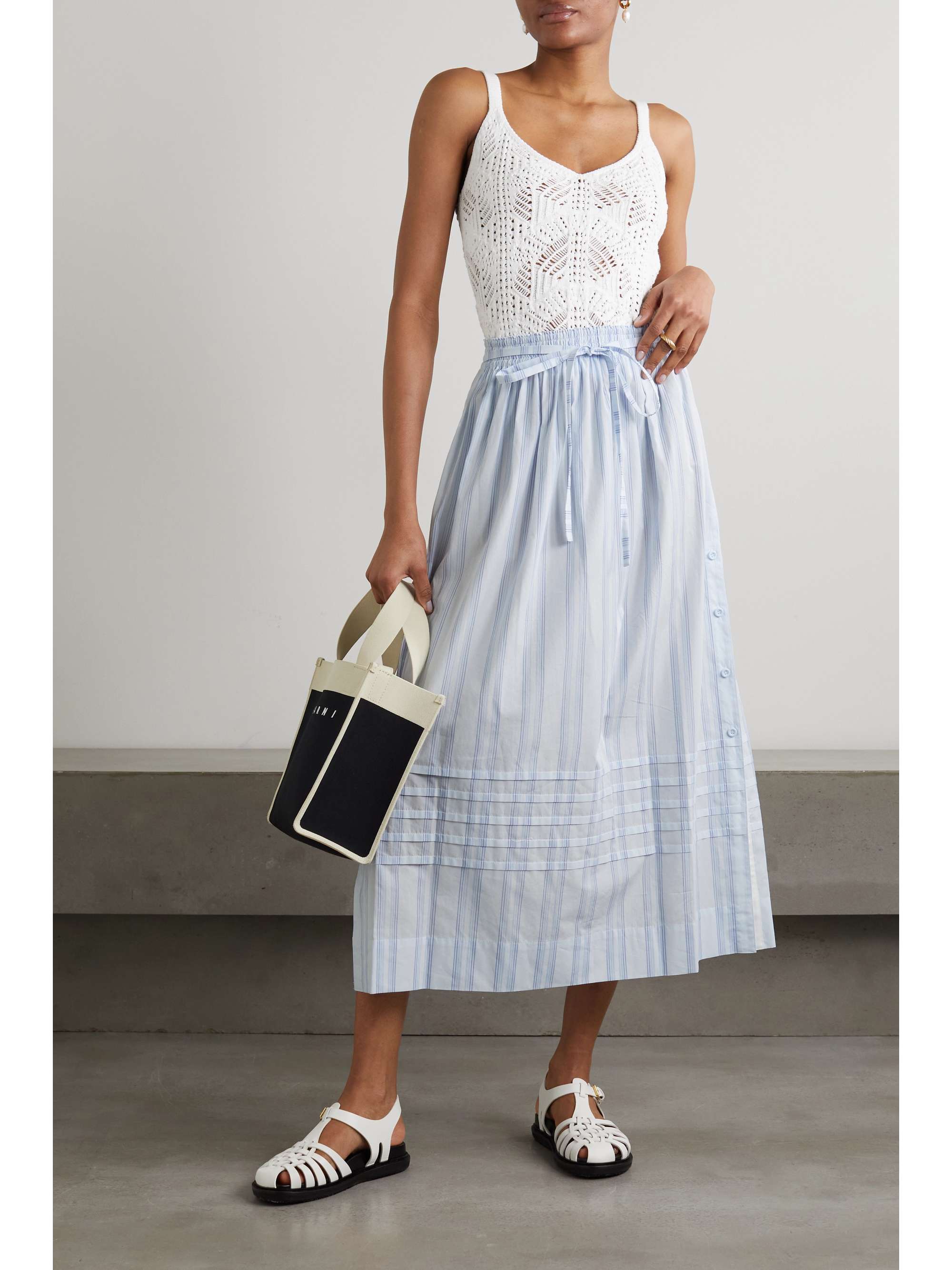 Belted pleated striped cotton midi skirt