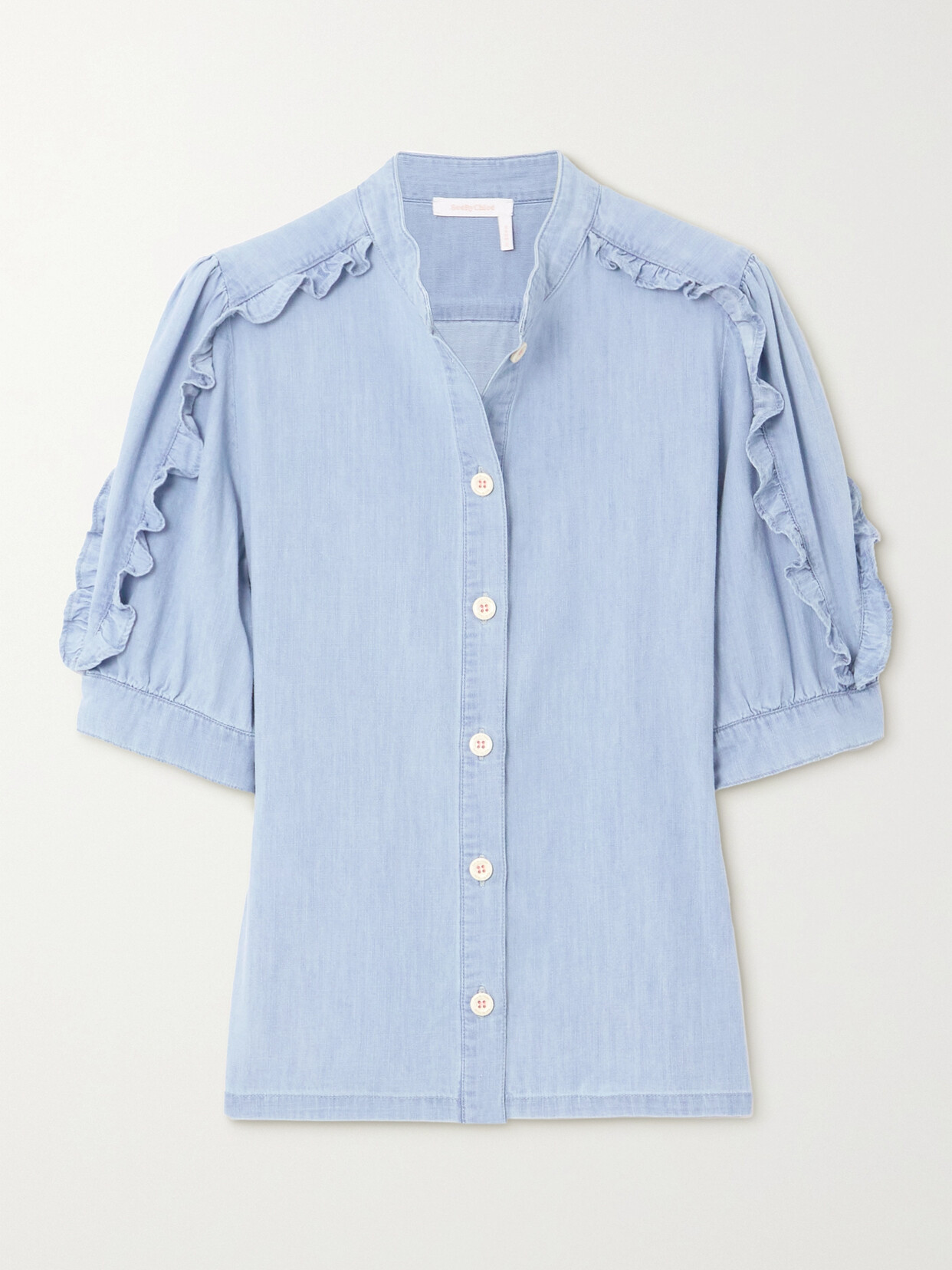 See By Chloé - Ruffled Cotton-chambray Blouse - Blue