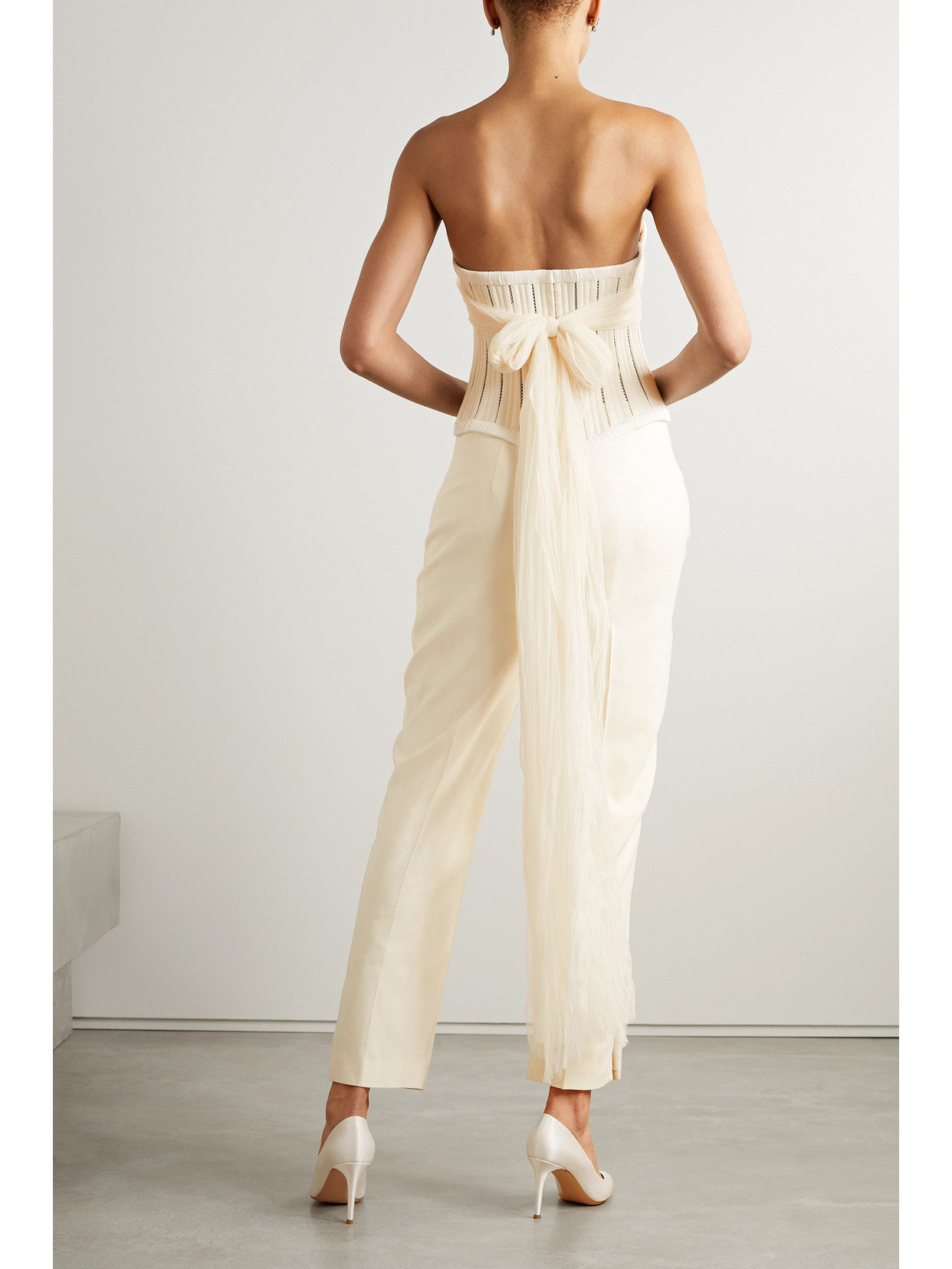 Anika Strapless Cotton-Blend Twill, Tulle And Plissé-Satin Bustier Top