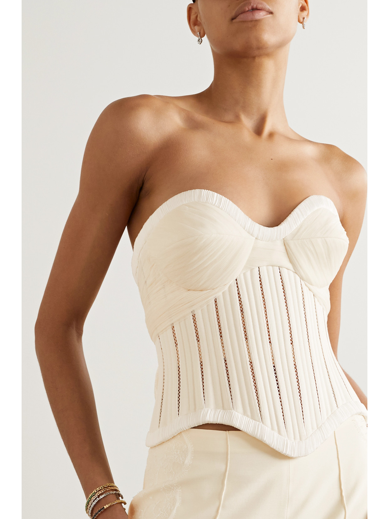 Anika Strapless Cotton-Blend Twill, Tulle And Plissé-Satin Bustier Top