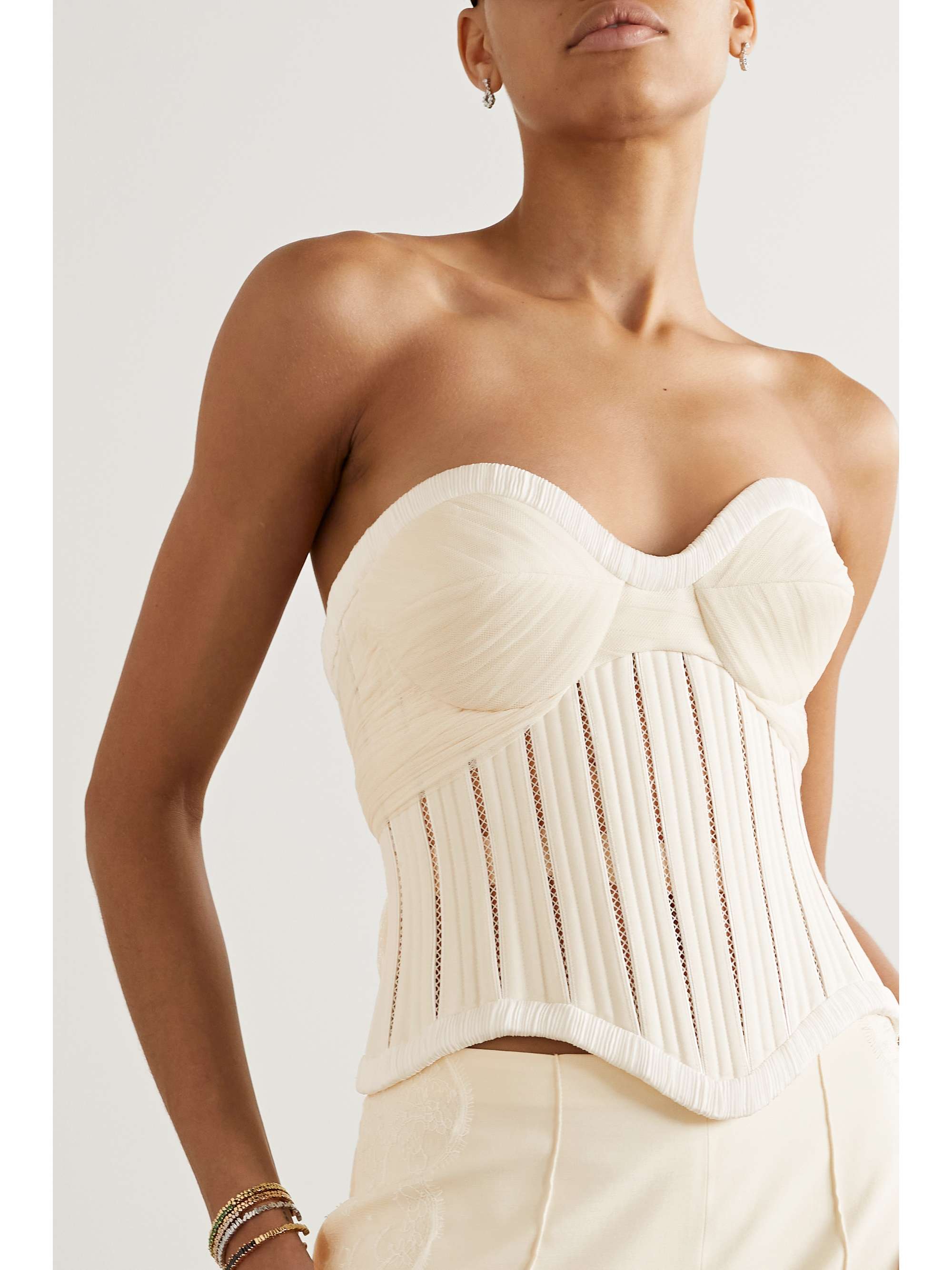 DANIELLE FRANKEL Anika strapless cotton-blend twill, tulle and plissé bustier top