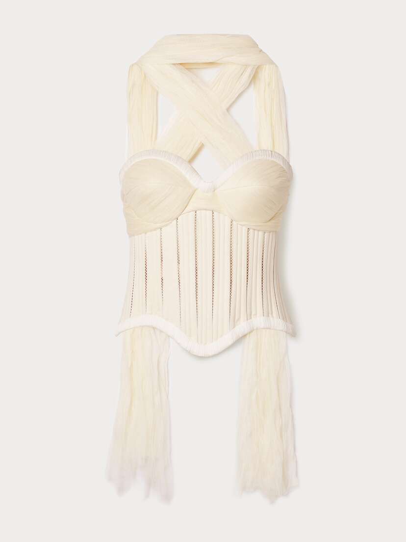 Danielle Frankel Anika Strapless Cotton-blend Twill, Tulle And Plissé-satin Bustier Top