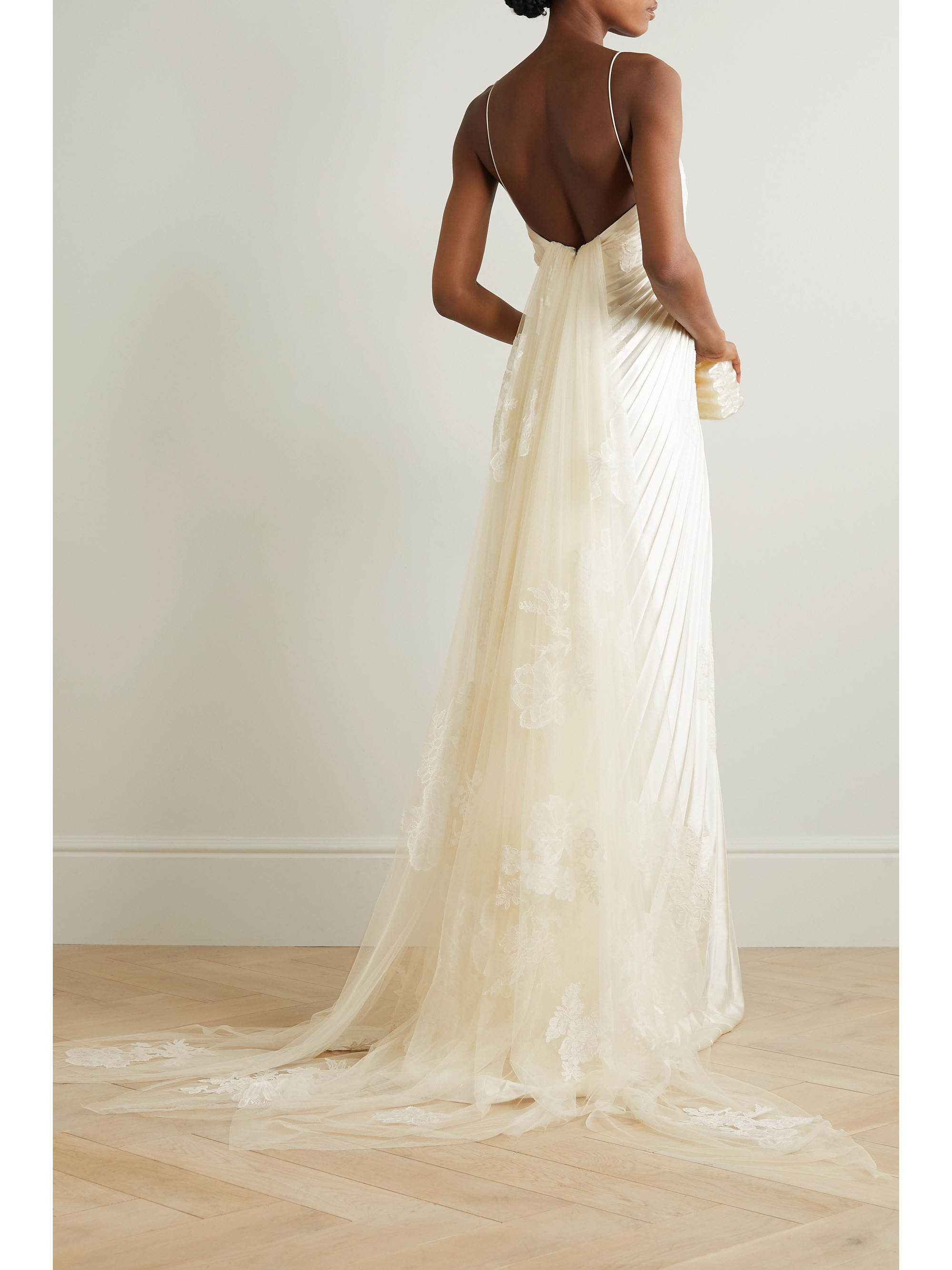 Danielle Frankel Scarlet lace-trimmed pleated satin and tulle gown