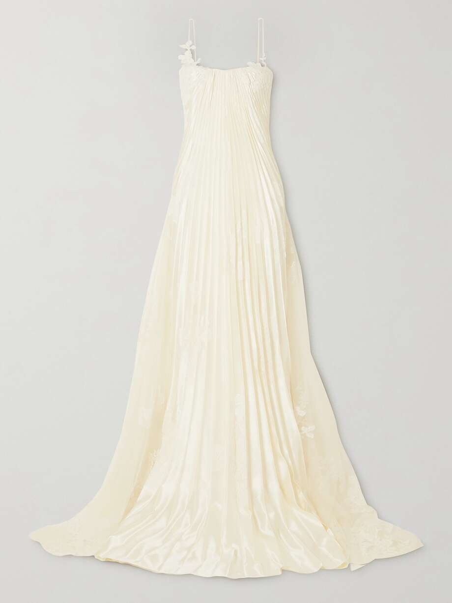 scarlet lace-trimmed pleated satin and tulle gown