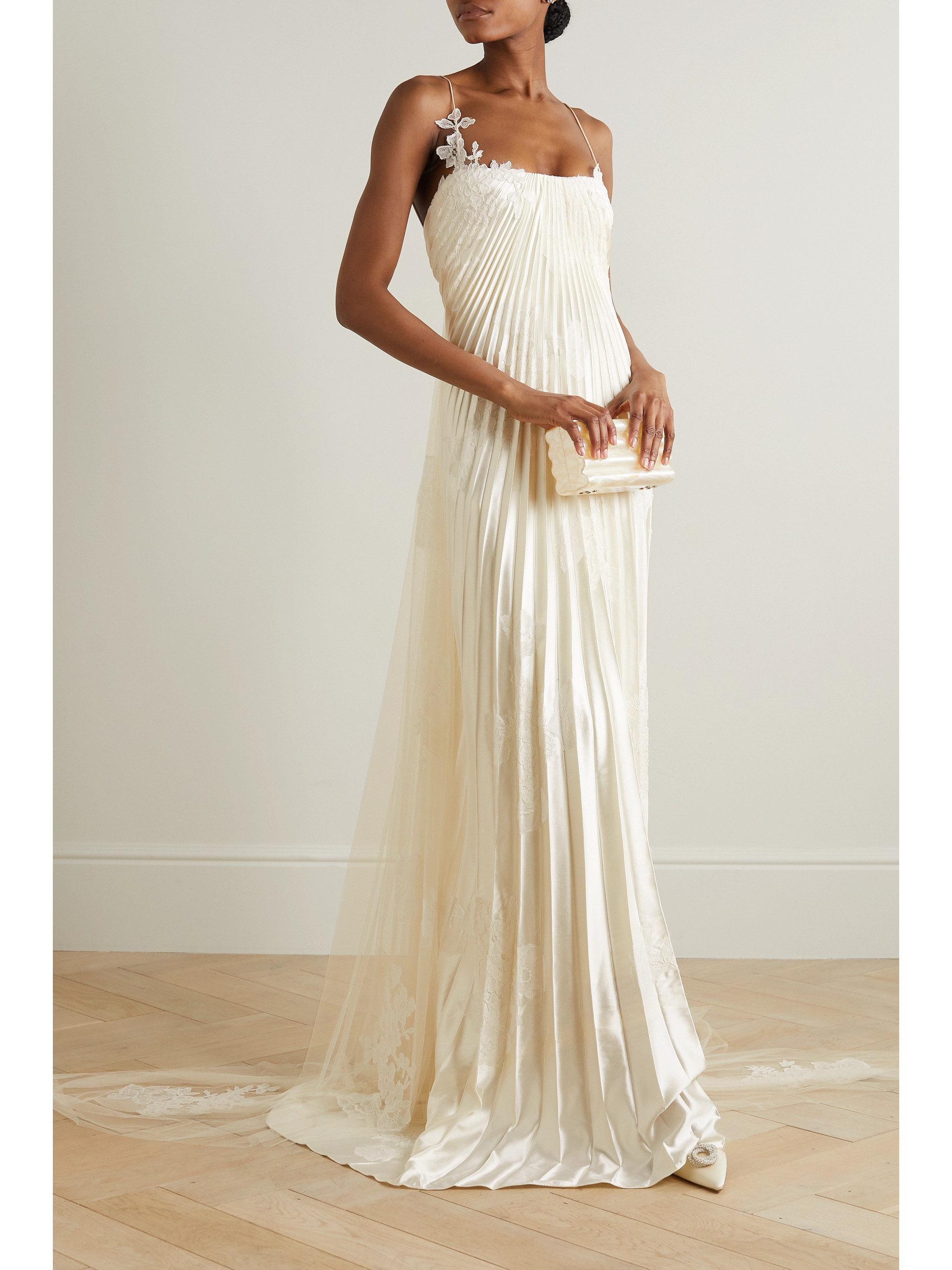 Danielle Frankel Scarlet lace-trimmed pleated satin and tulle gown