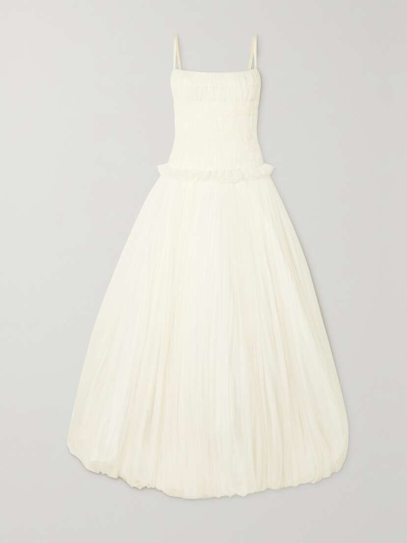 Danielle Frankel Guinevere Shirred Grosgrain-trimmed Tulle Gown