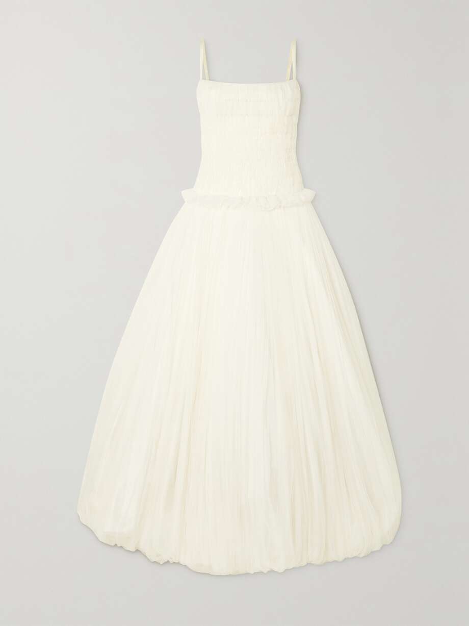 guinevere shirred grosgrain-trimmed tulle gown