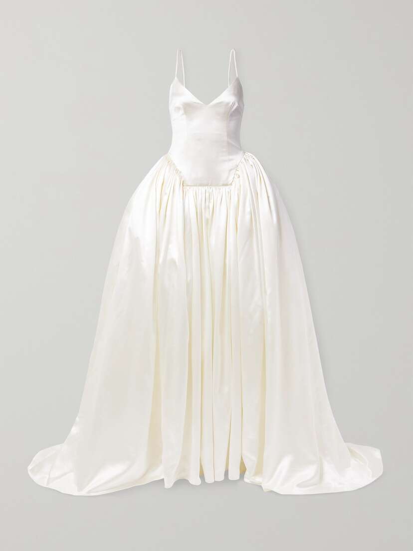 Danielle Frankel Nina Pleated Wool And Silk-blend Satin Gown