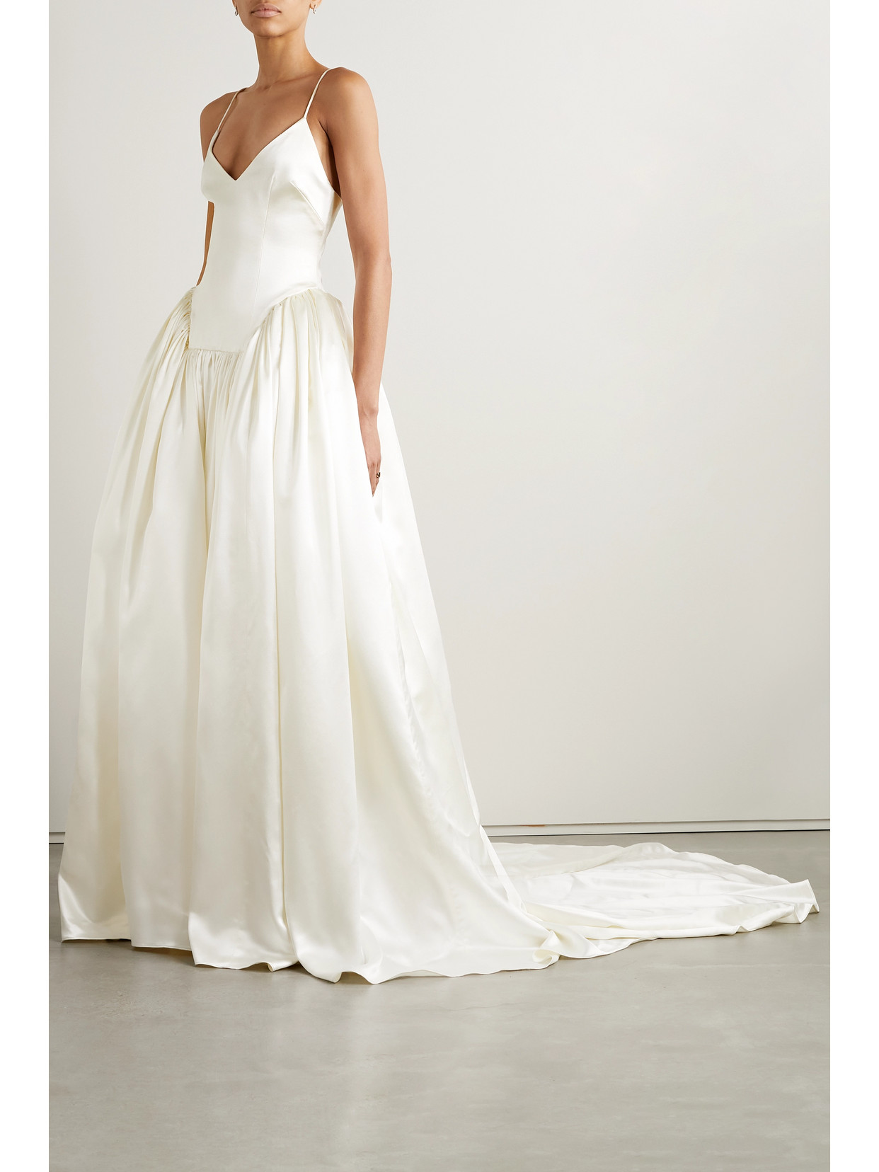 Shop Danielle Frankel Nina Pleated Wool And Silk-blend Satin Gown In White