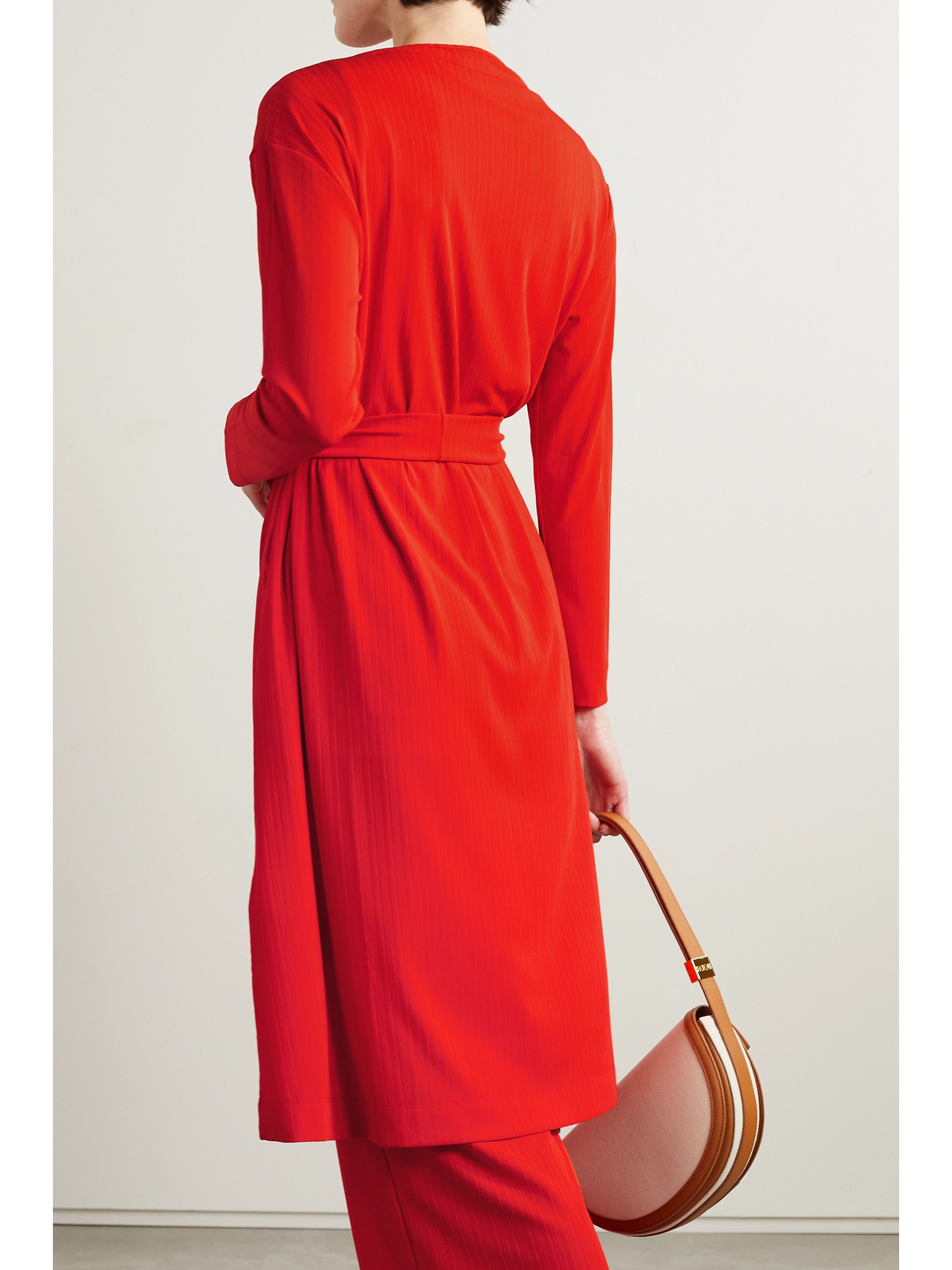 Max Mara Po Belted Plissé Jersey Long Cardigan In Orange