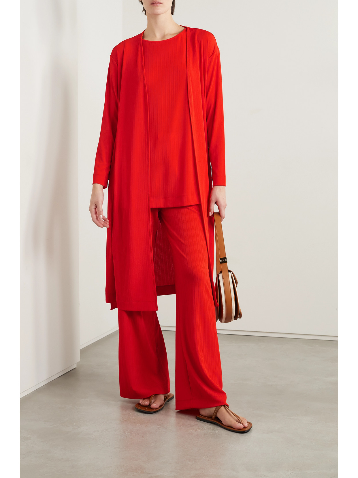 Max Mara Po Belted Plissé Jersey Long Cardigan In Orange