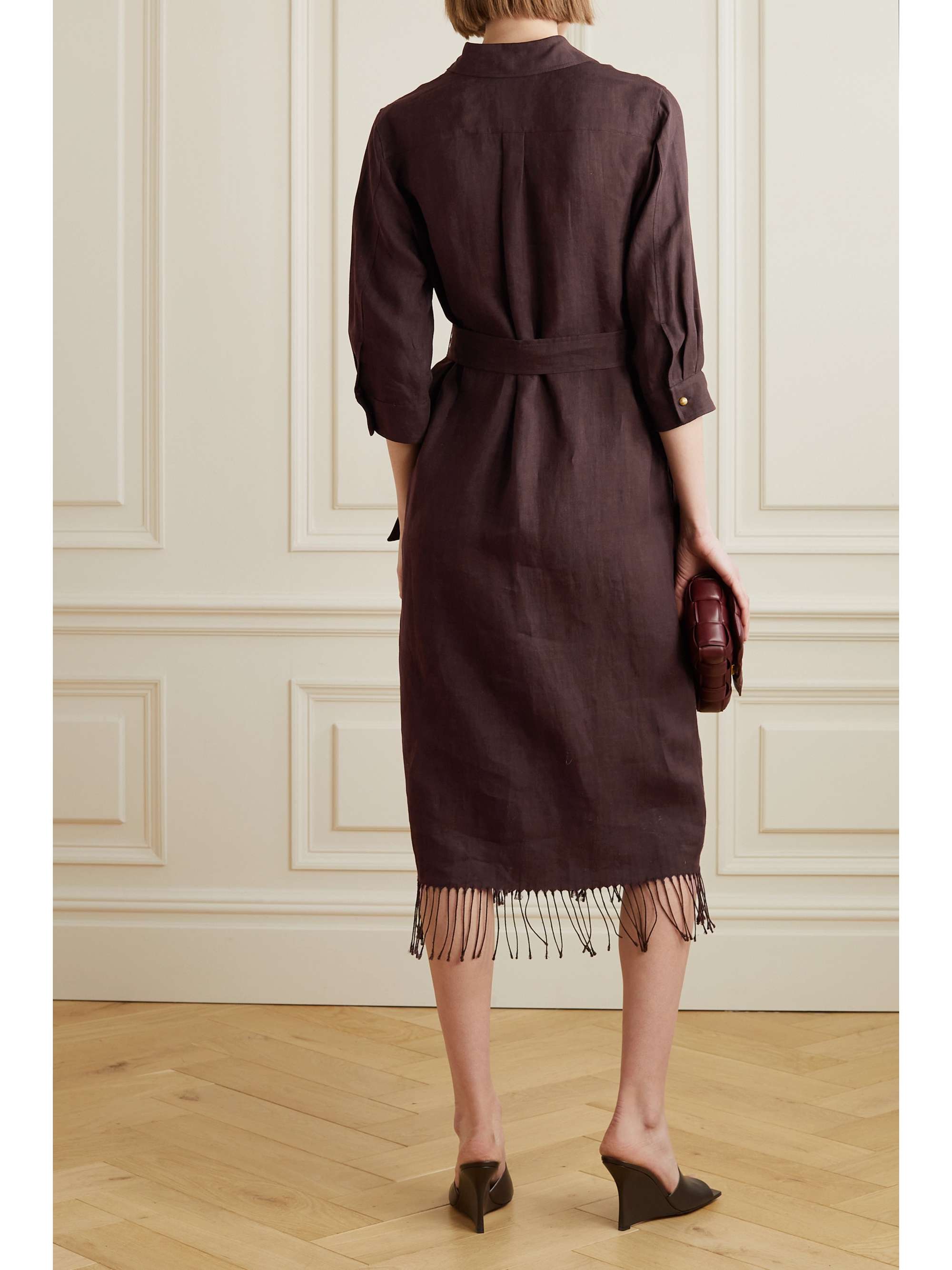 MAX MARA Lignano belted fringed linen-twill midi shirt dress