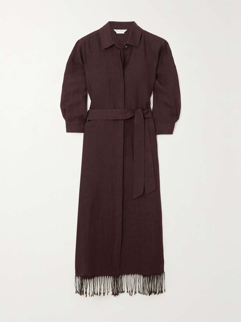 Max Mara Lignano Belted Fringed Linen-twill Midi Shirt Dress -  - UK 18