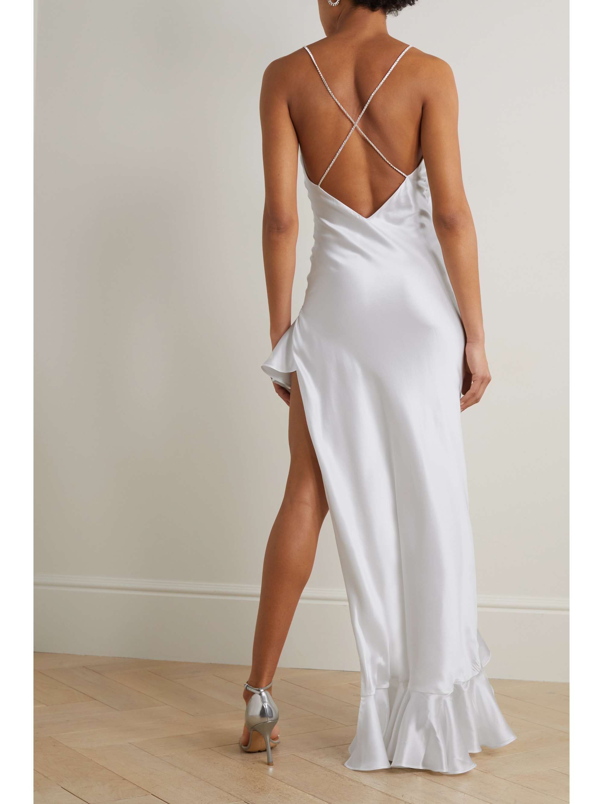 MICHAEL LO SORDO Asymmetric open-back ruffled crystal-embellished silk-satin gown