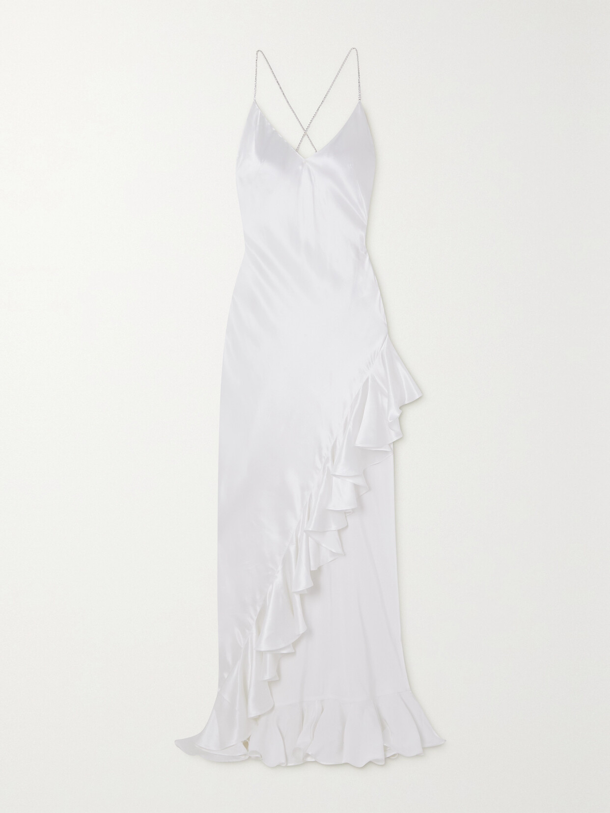 Michael Lo Sordo Asymmetric Open-back Ruffled Crystal-embellished Silk-satin Gown - White