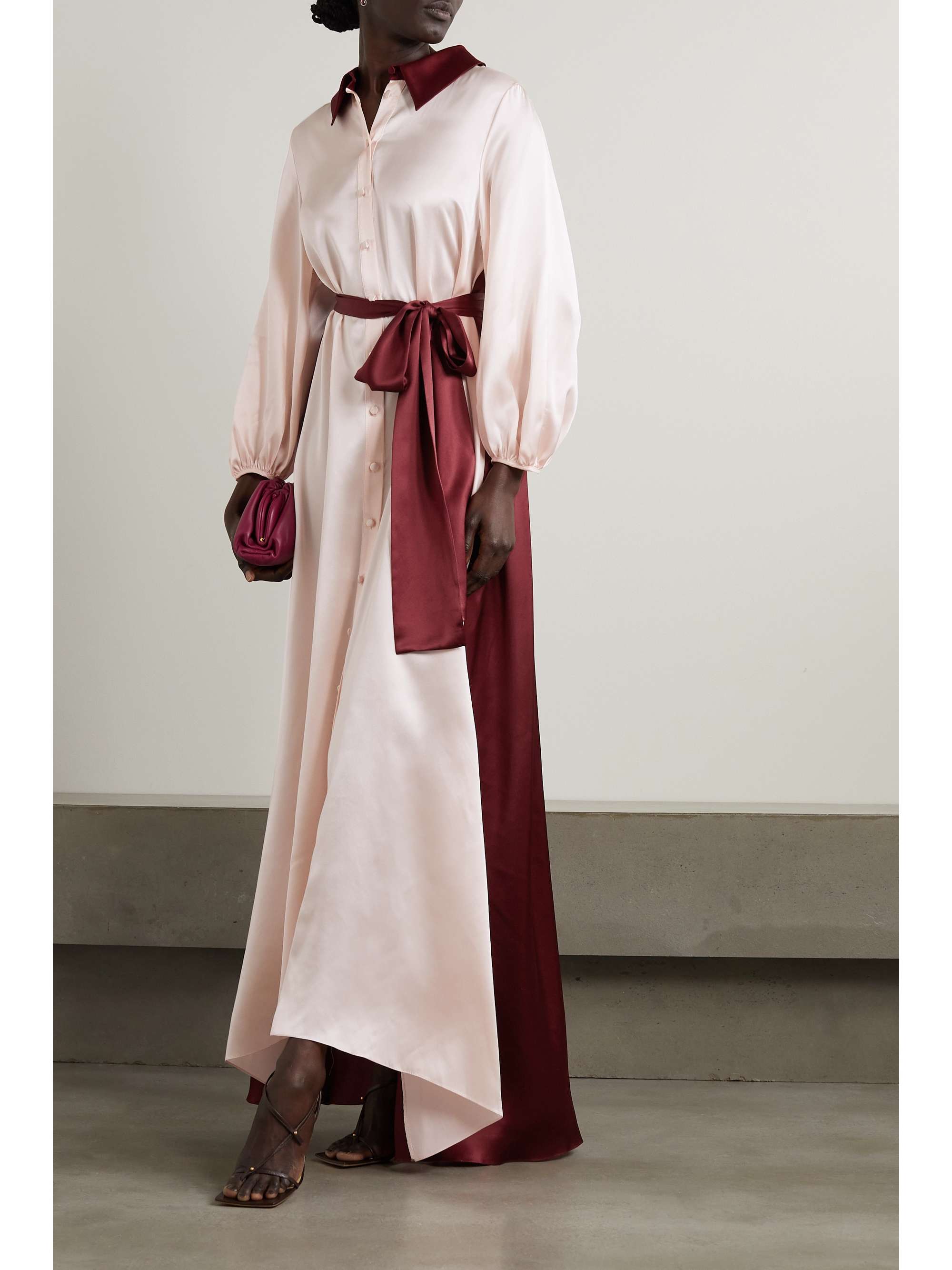 HALPERN Belted two-tone silk-satin maxi shirt dress