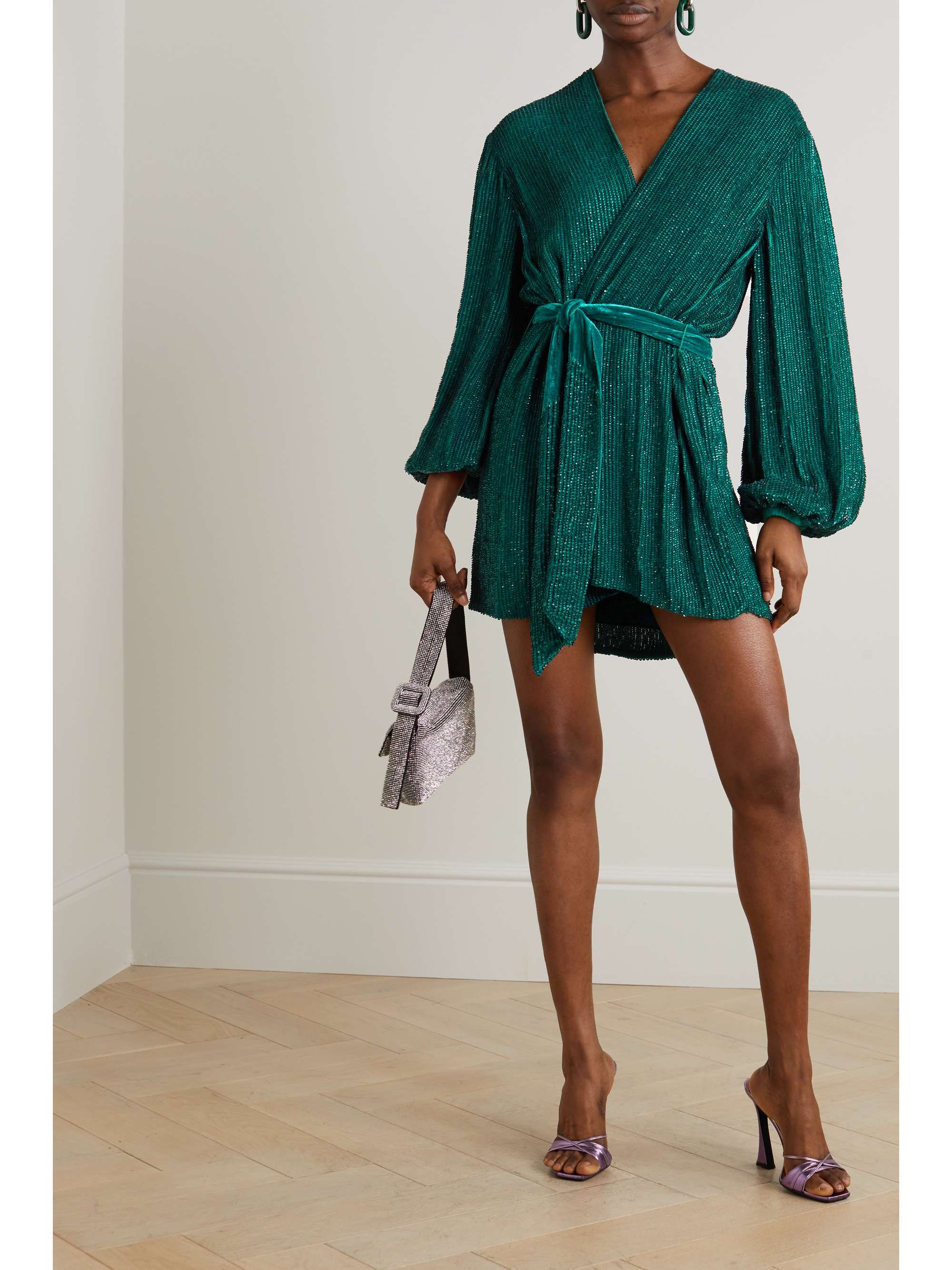 RETROFÊTE Gabrielle velvet-trimmed sequined chiffon mini wrap dress |  NET-A-PORTER