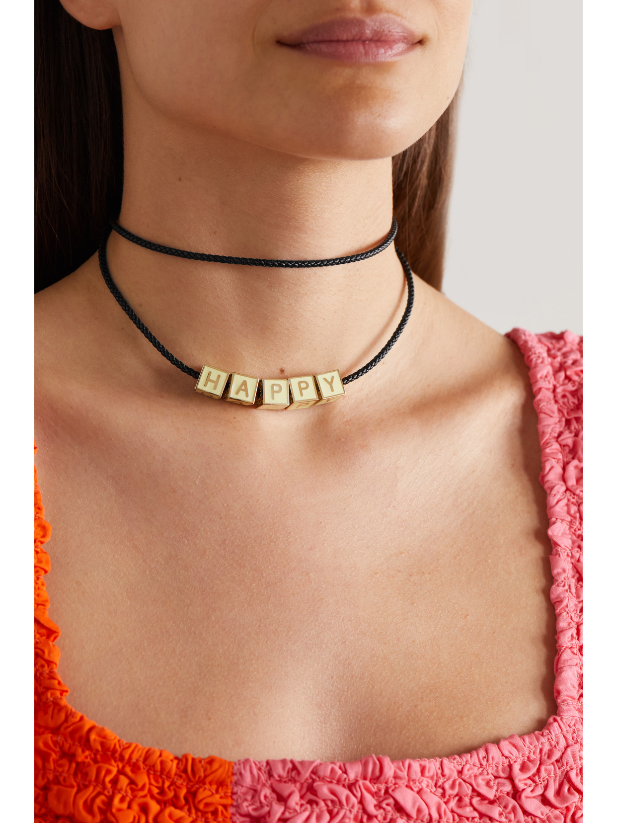 Lauren Rubinski 14-karat Gold, Enamel And Leather Necklace