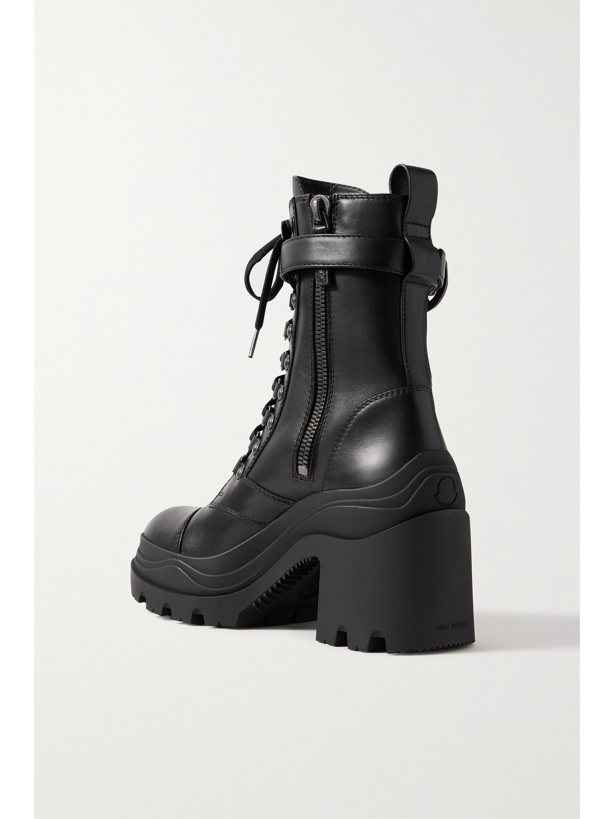 MONCLER ENVILE BUCKLED LEATHER COMBAT BOOTS