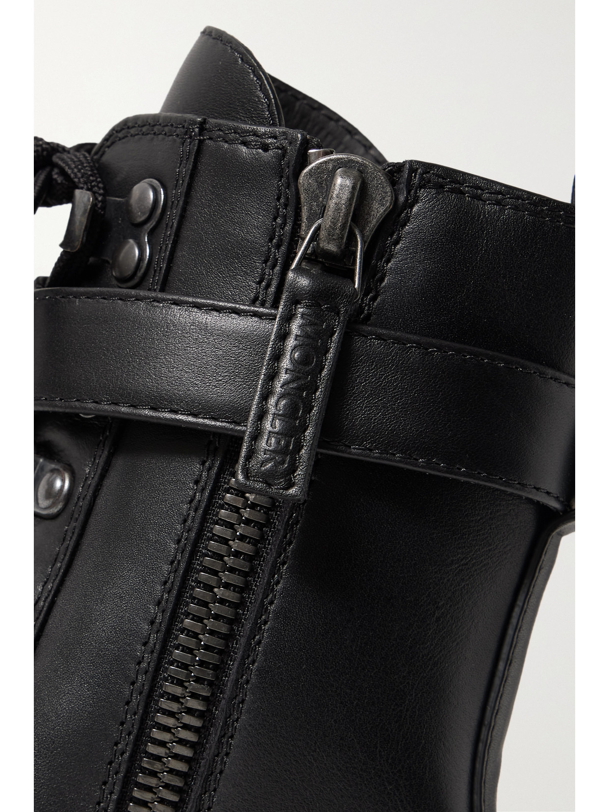 MONCLER ENVILE BUCKLED LEATHER COMBAT BOOTS