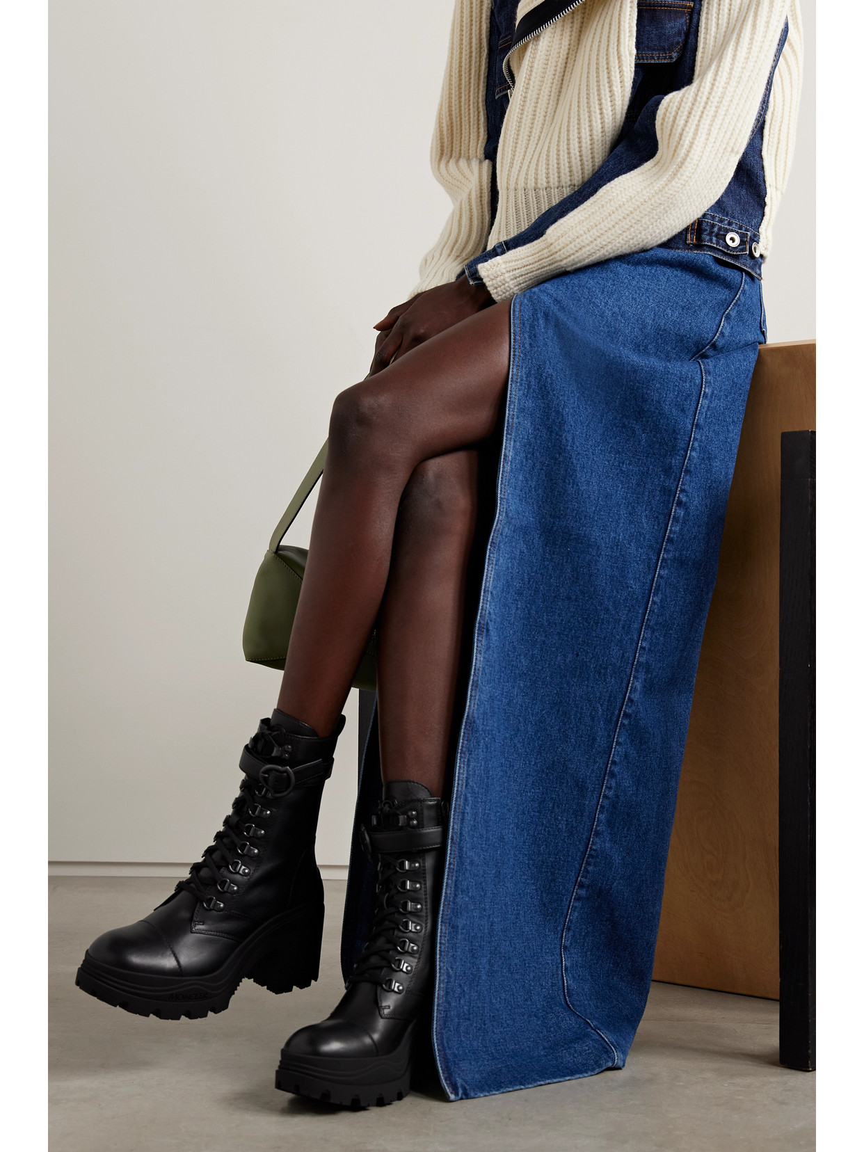 MONCLER ENVILE BUCKLED LEATHER COMBAT BOOTS