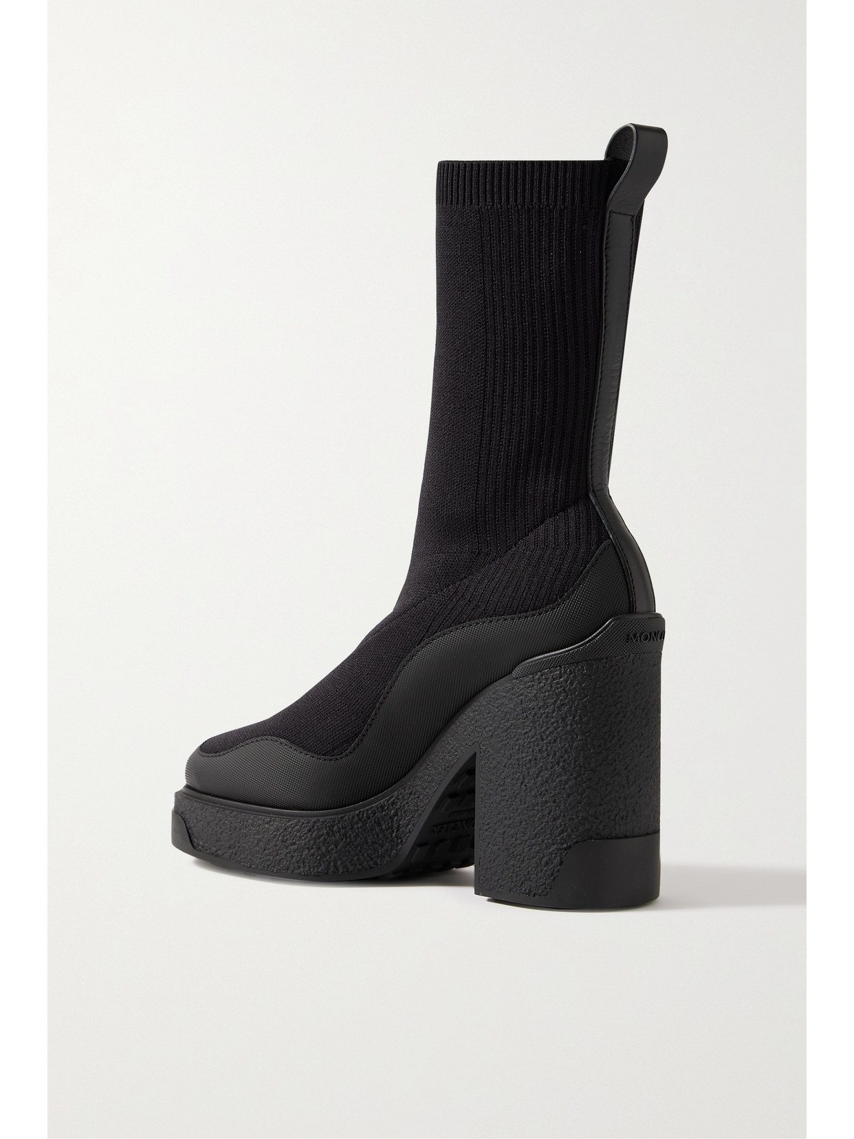 Shop Moncler Splora Leather And Rubber-trimmed Ribbed Stretch-knit Ankle Boots In Black