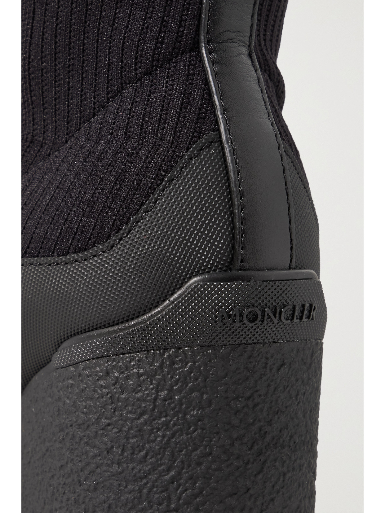 Shop Moncler Splora Leather And Rubber-trimmed Ribbed Stretch-knit Ankle Boots In Black