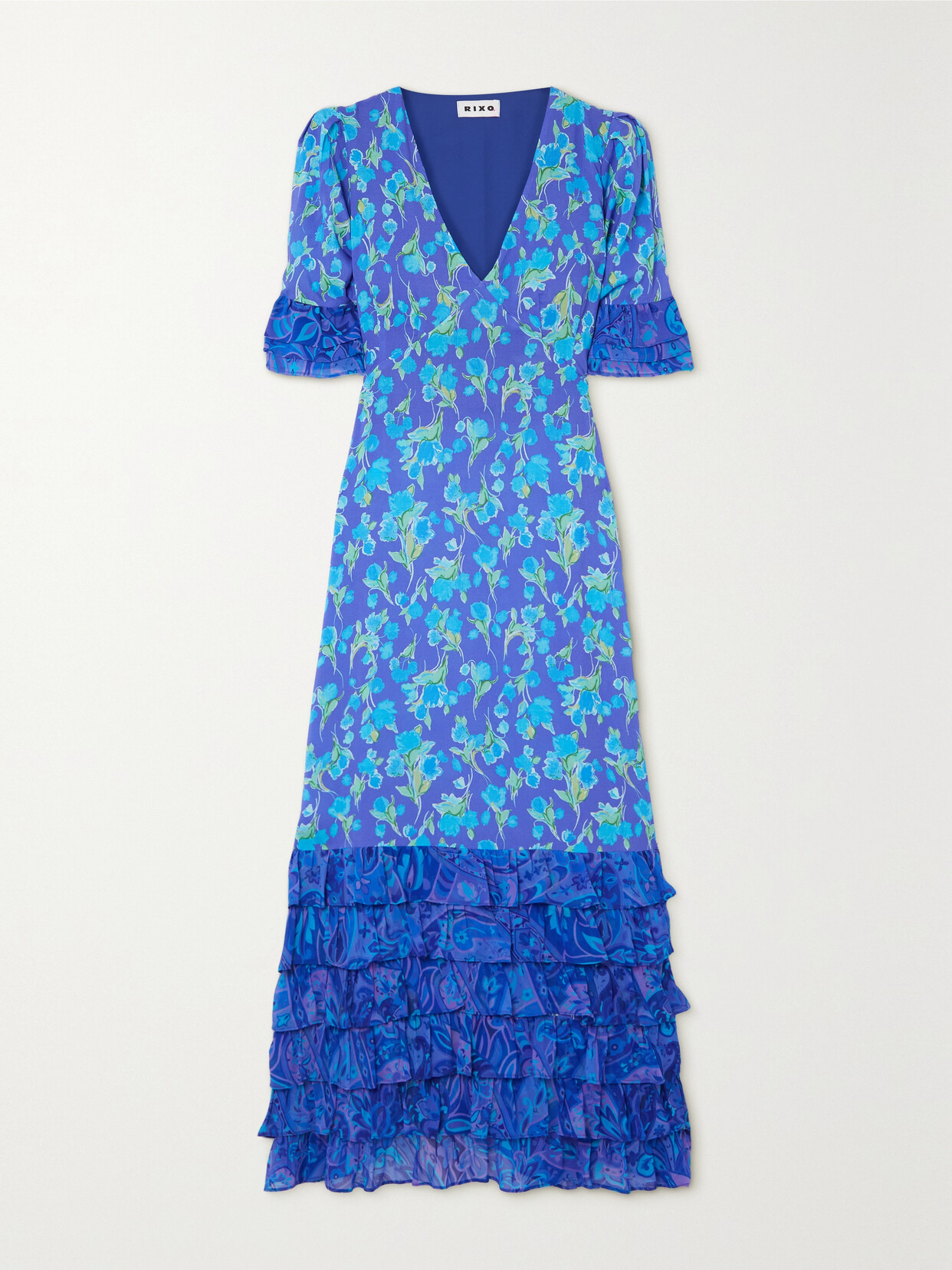 RIXO Mari Ruffled Tiered Chiffon-trimmed Floral-print Voile Maxi Dress - Blue