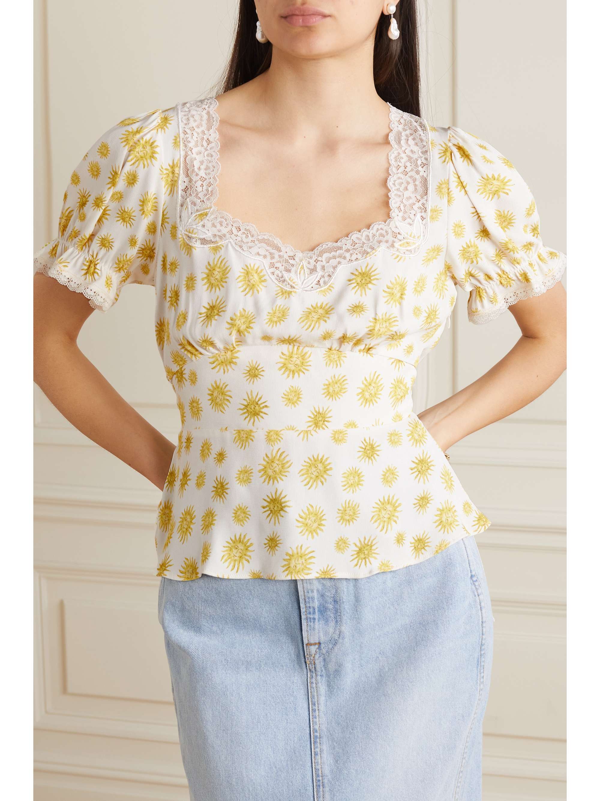 RIXO Selva lace-trimmed printed voile top