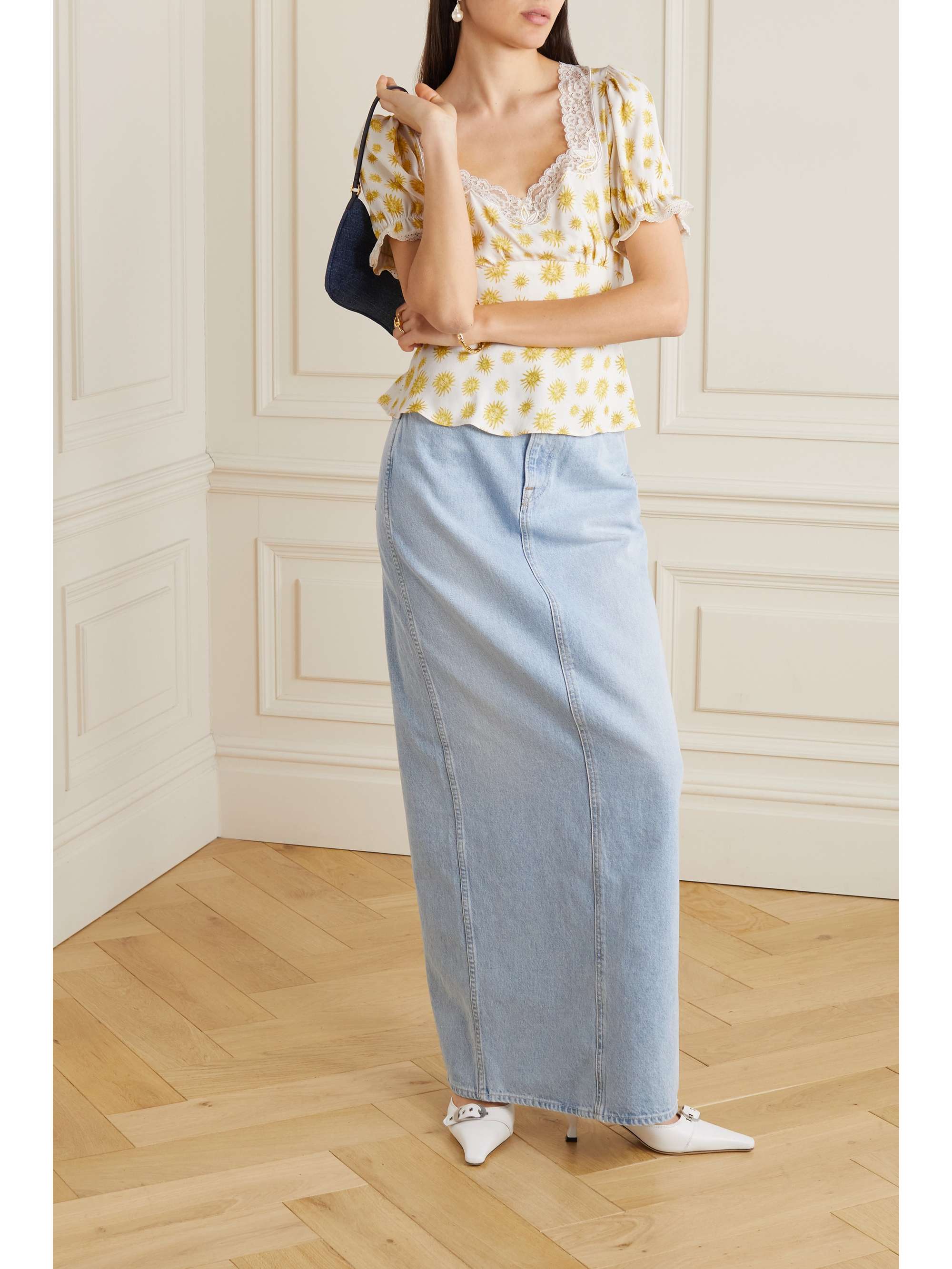 RIXO Selva lace-trimmed printed voile top