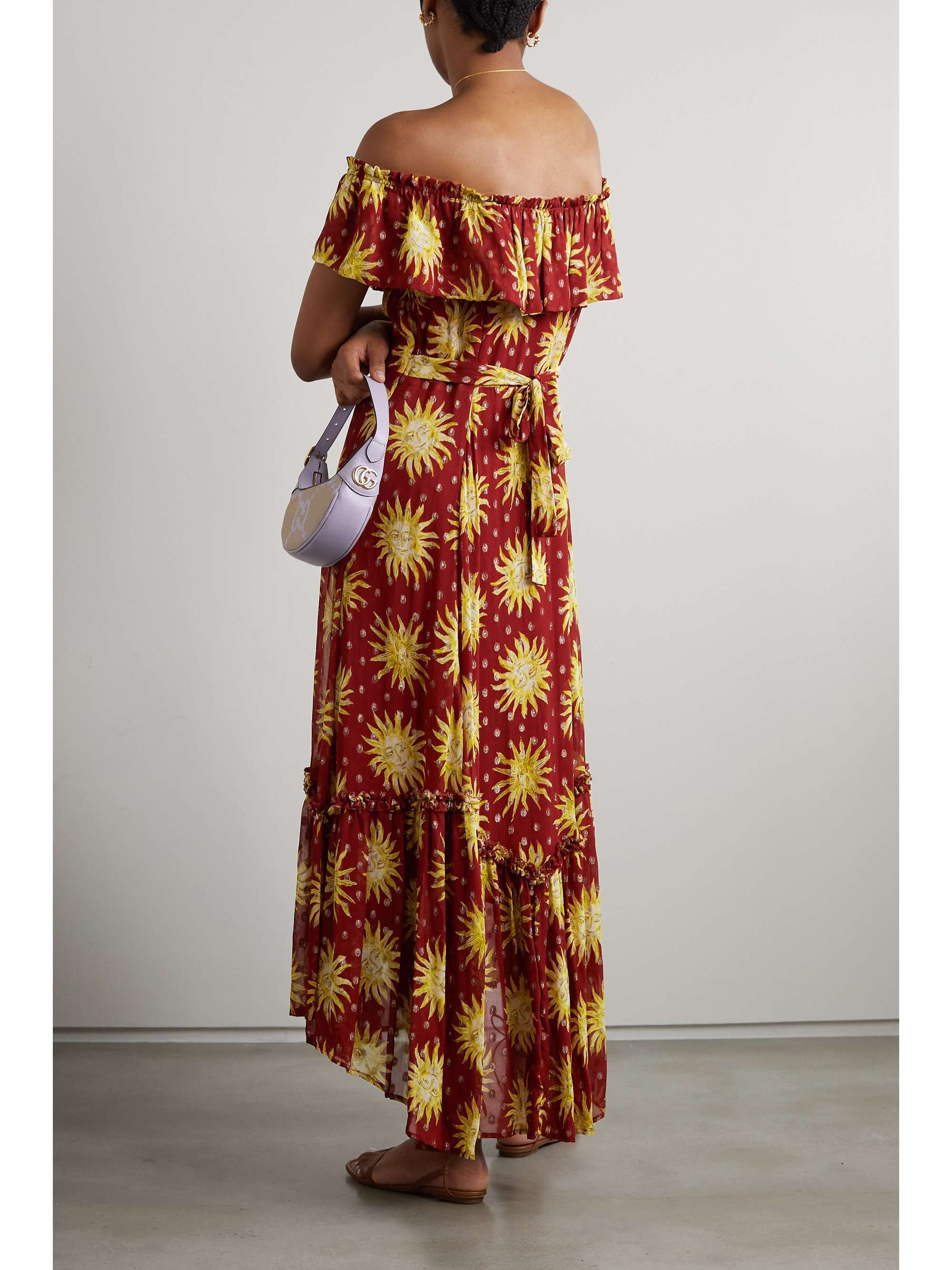 RIXO Mauve off-the-shoulder printed metallic fil coupé chiffon maxi dress