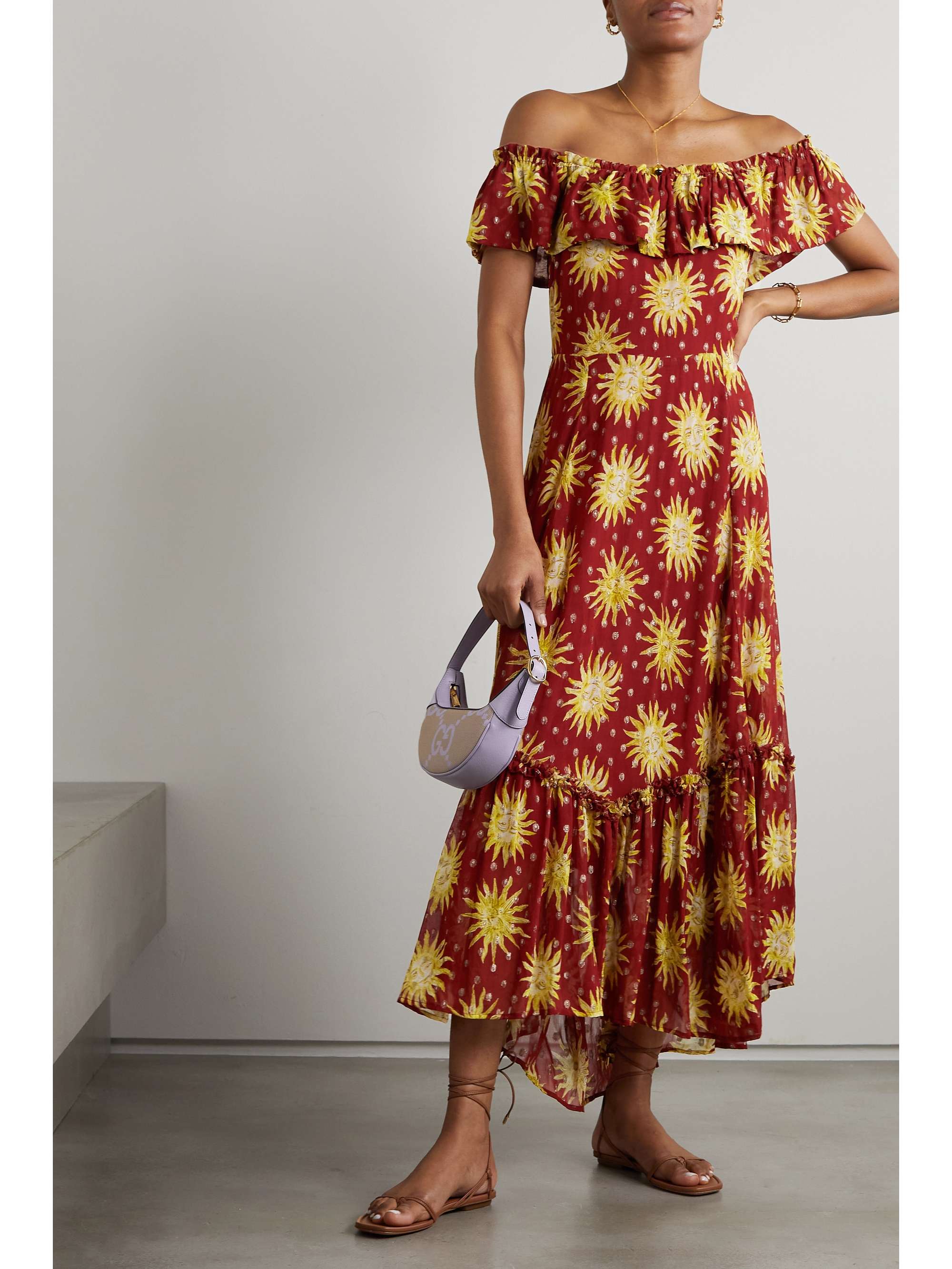RIXO Mauve off-the-shoulder printed metallic fil coupé chiffon maxi dress