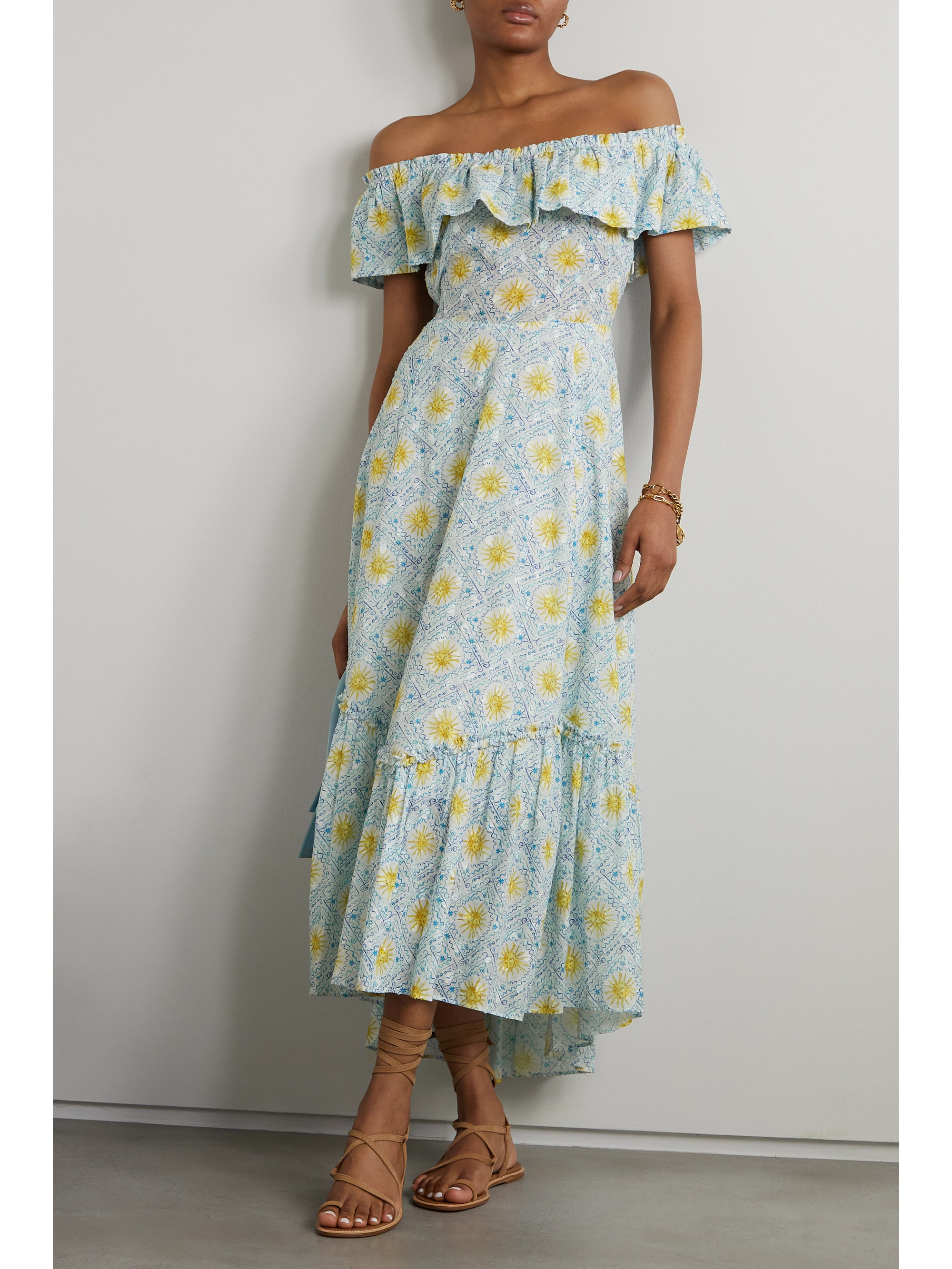 RIXO Mauve off-the-shoulder printed fil coupé cotton midi dress