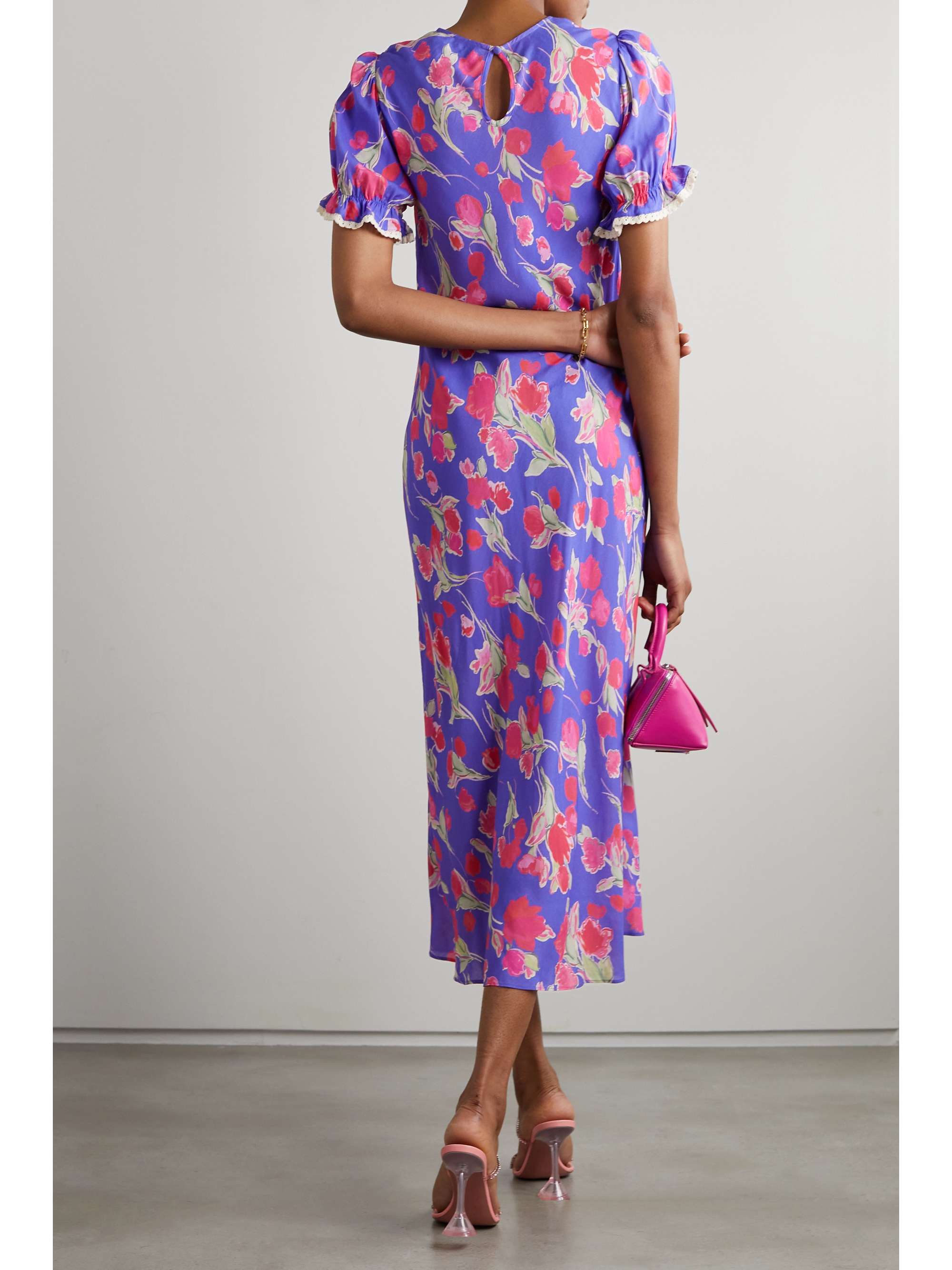 RIXO Venice lace-trimmed floral-print crepe de chine midi dress
