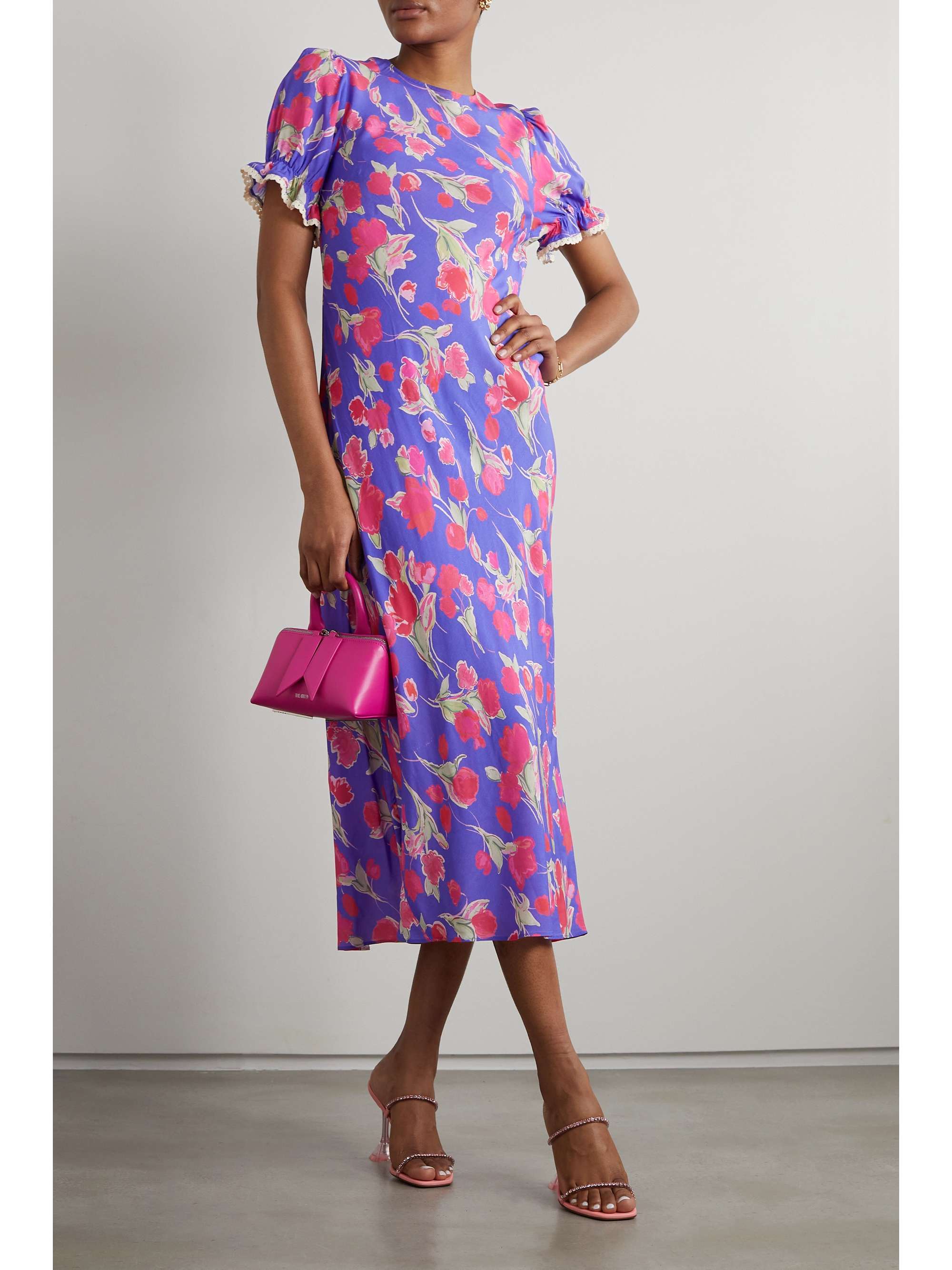 RIXO Venice lace-trimmed floral-print crepe de chine midi dress