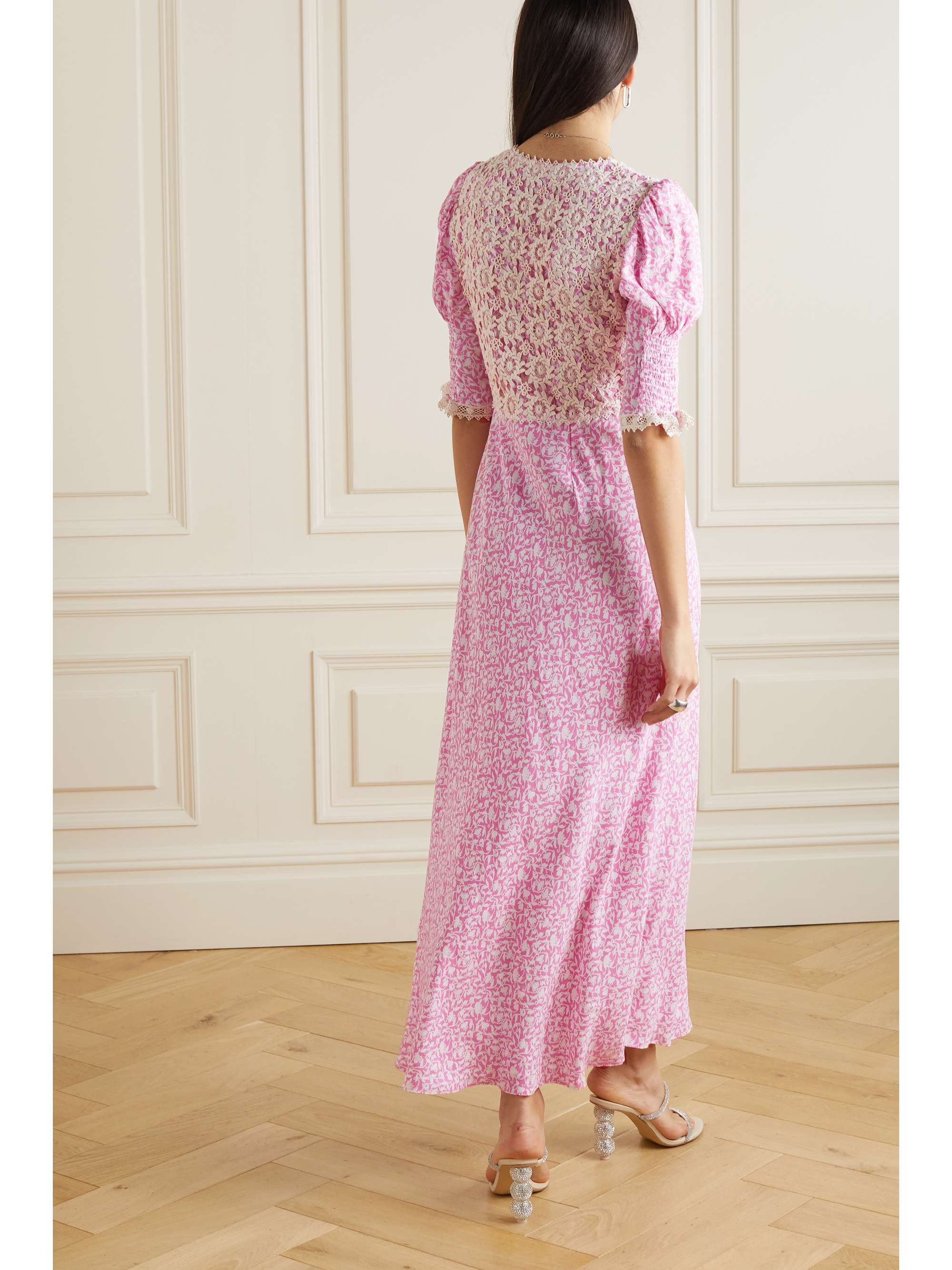 RIXO Olga crocheted lace-paneled printed crepe de chine midi dress