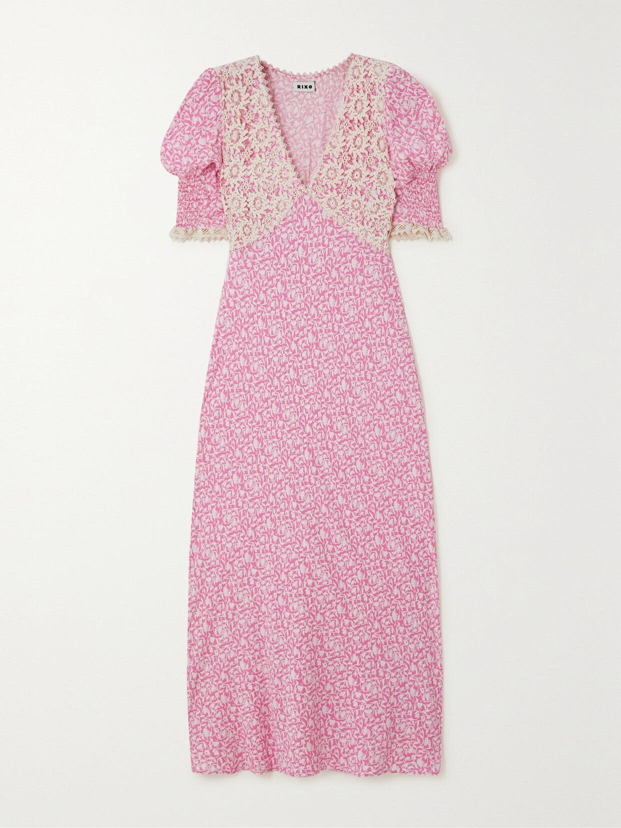 RIXO Olga Crocheted Lace-paneled Printed Crepe De Chine Midi Dress - Pink